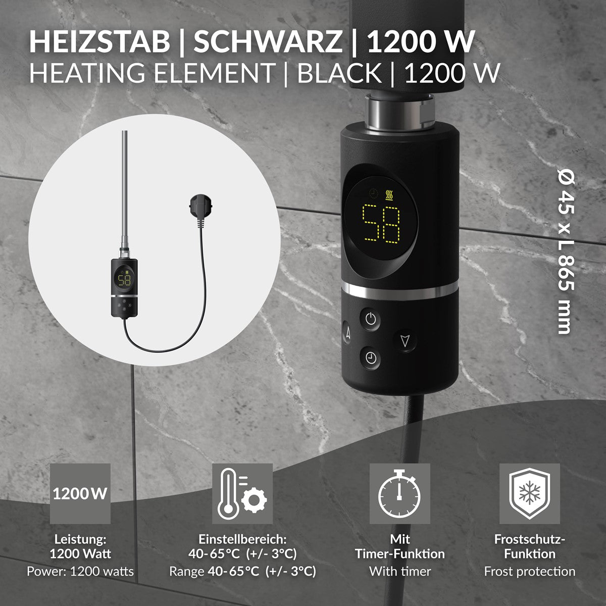 Heizstab in Schwarz mit digitaler Temperaturanzeige.