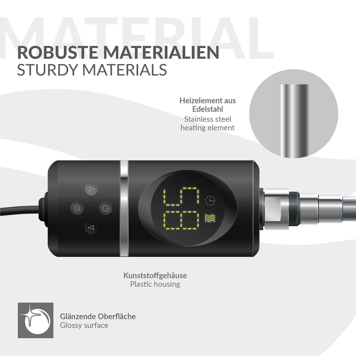Gerät mit digitalem Display und Edelstahl-Heizelement.