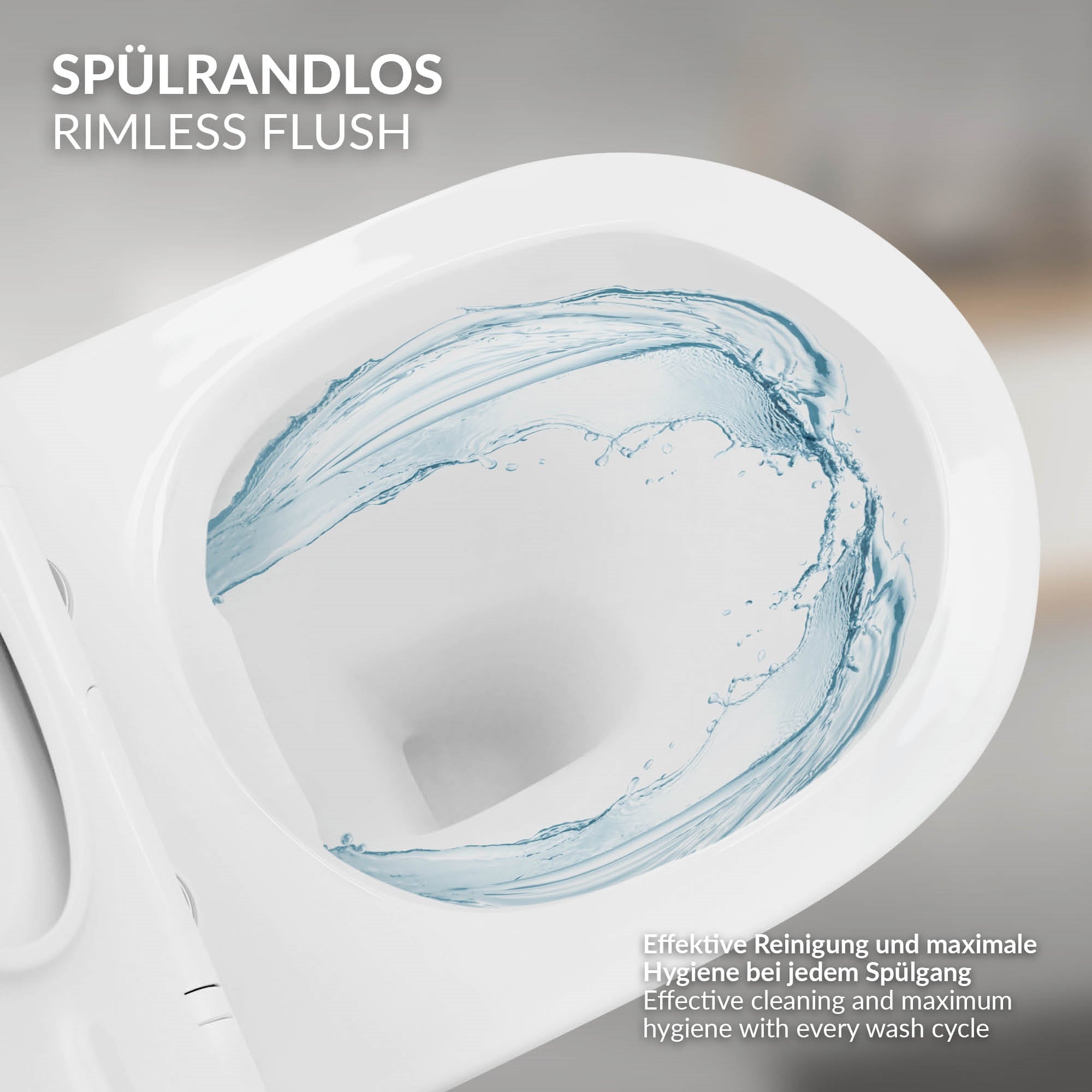 Spülrandloses WC mit Wasserfluss zur Reinigung.