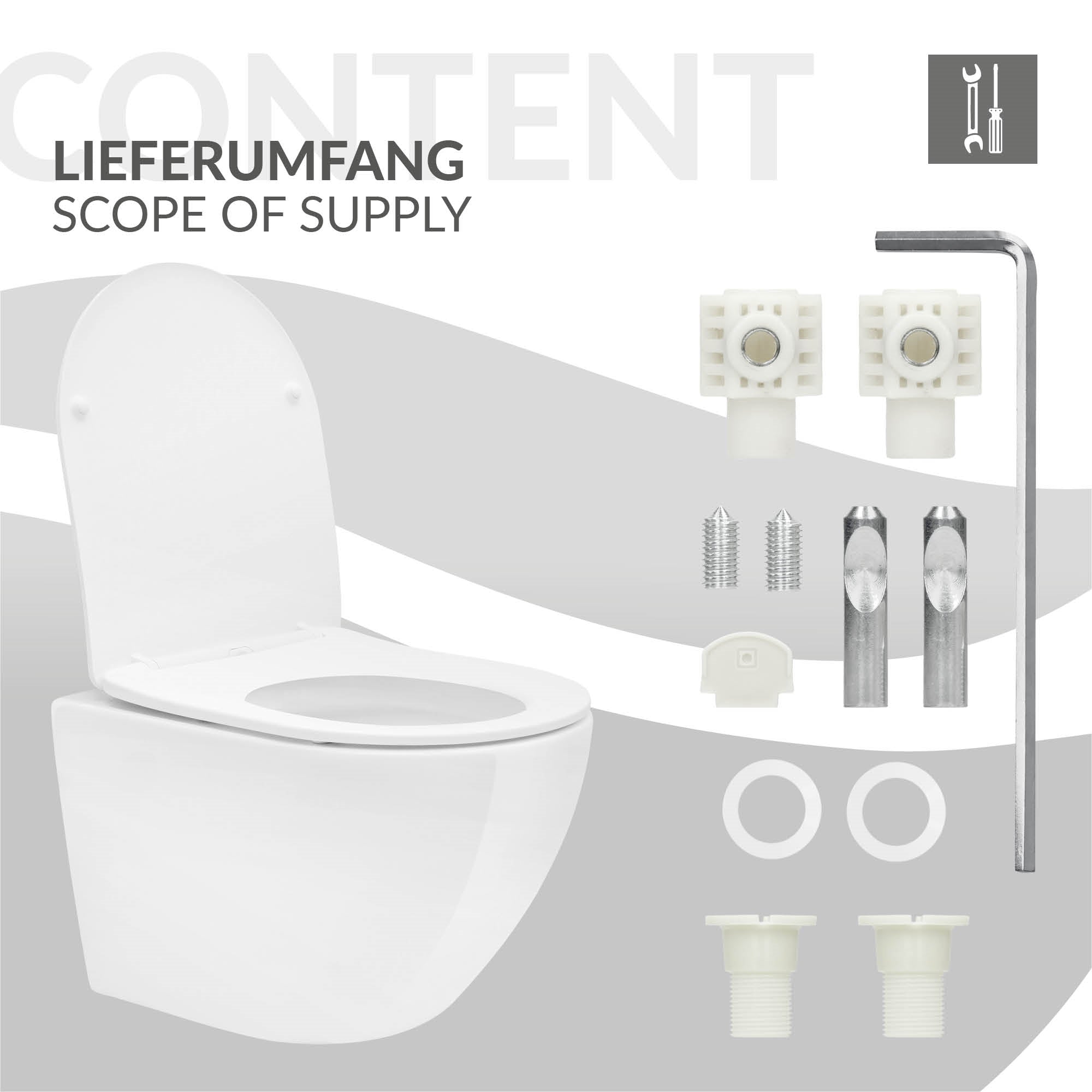 Eine Übersicht der Lieferinhalte für eine Toilettenschüssel.