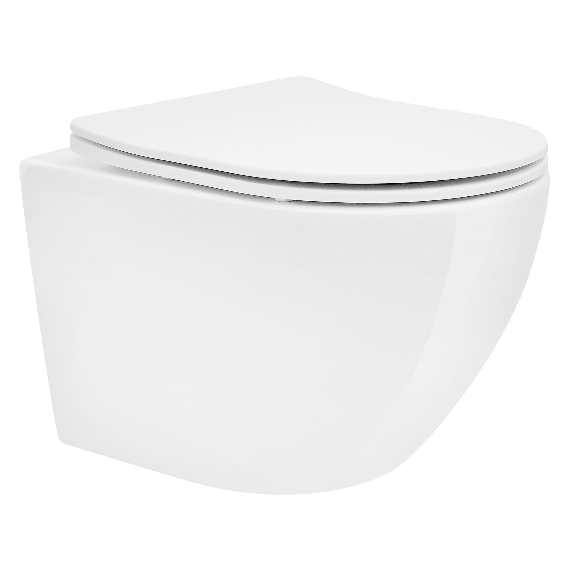 Wandtoilette in einem modernen Badezimmer mit weißen Wänden.