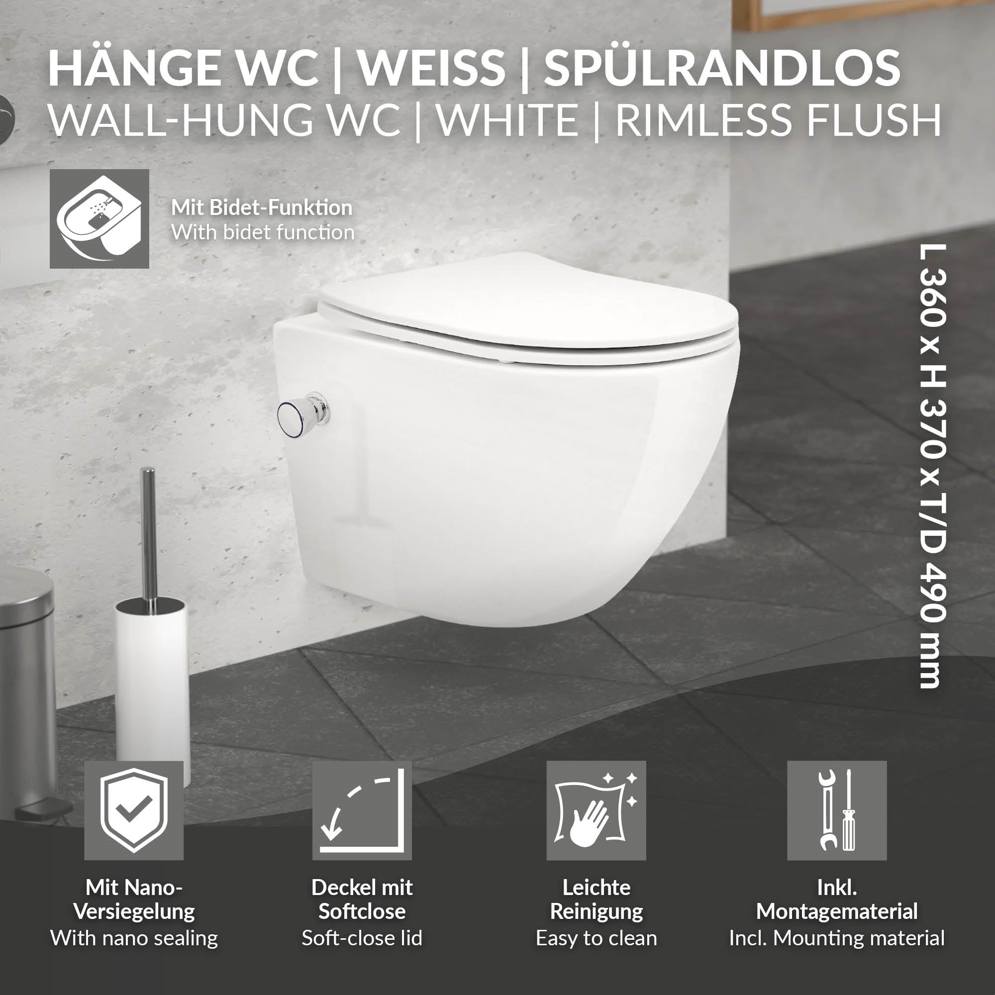 Wand-WC mit Bidet-Funktion und Montageinformationen.