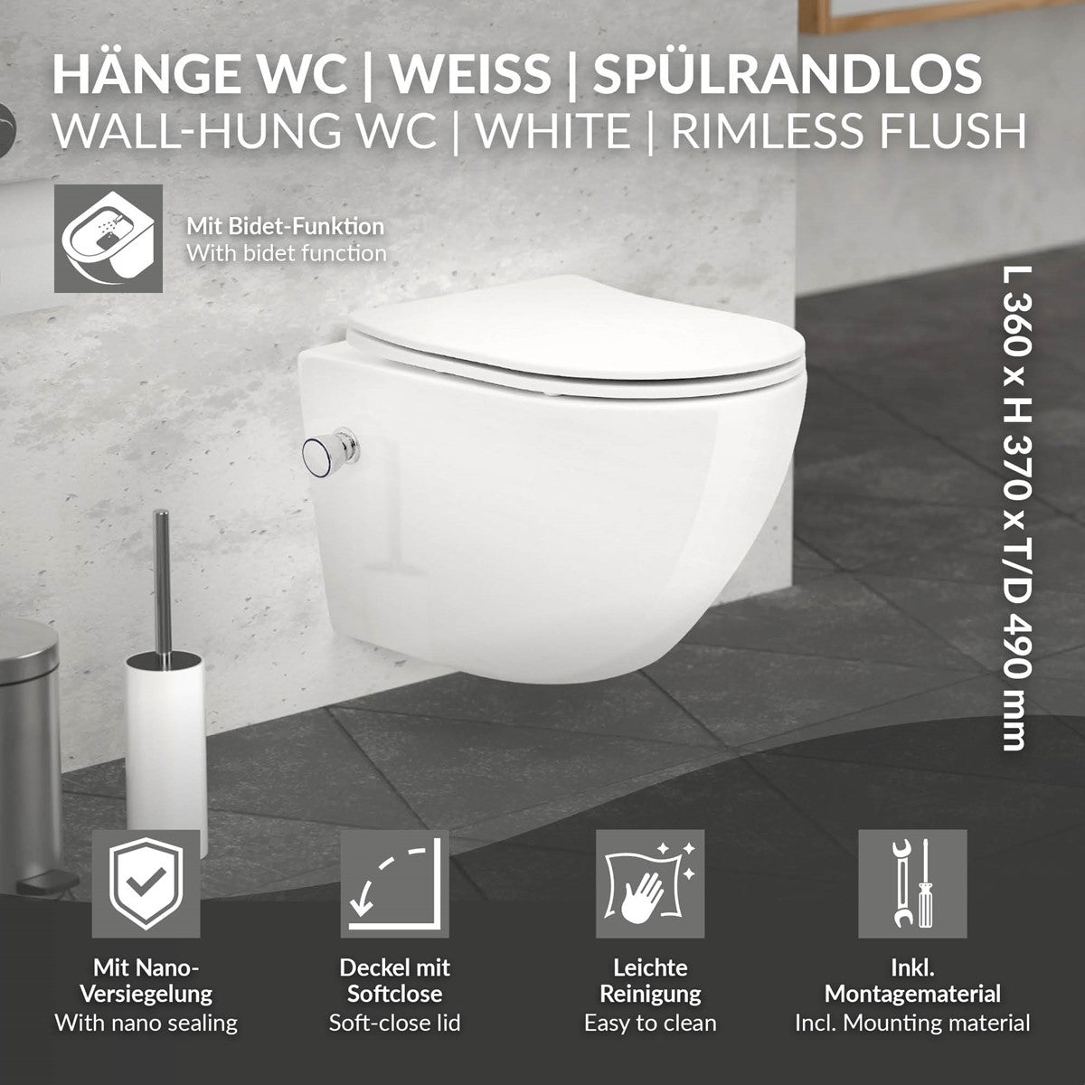 Wand-WC mit Bidet-Funktion und Montageinformationen.