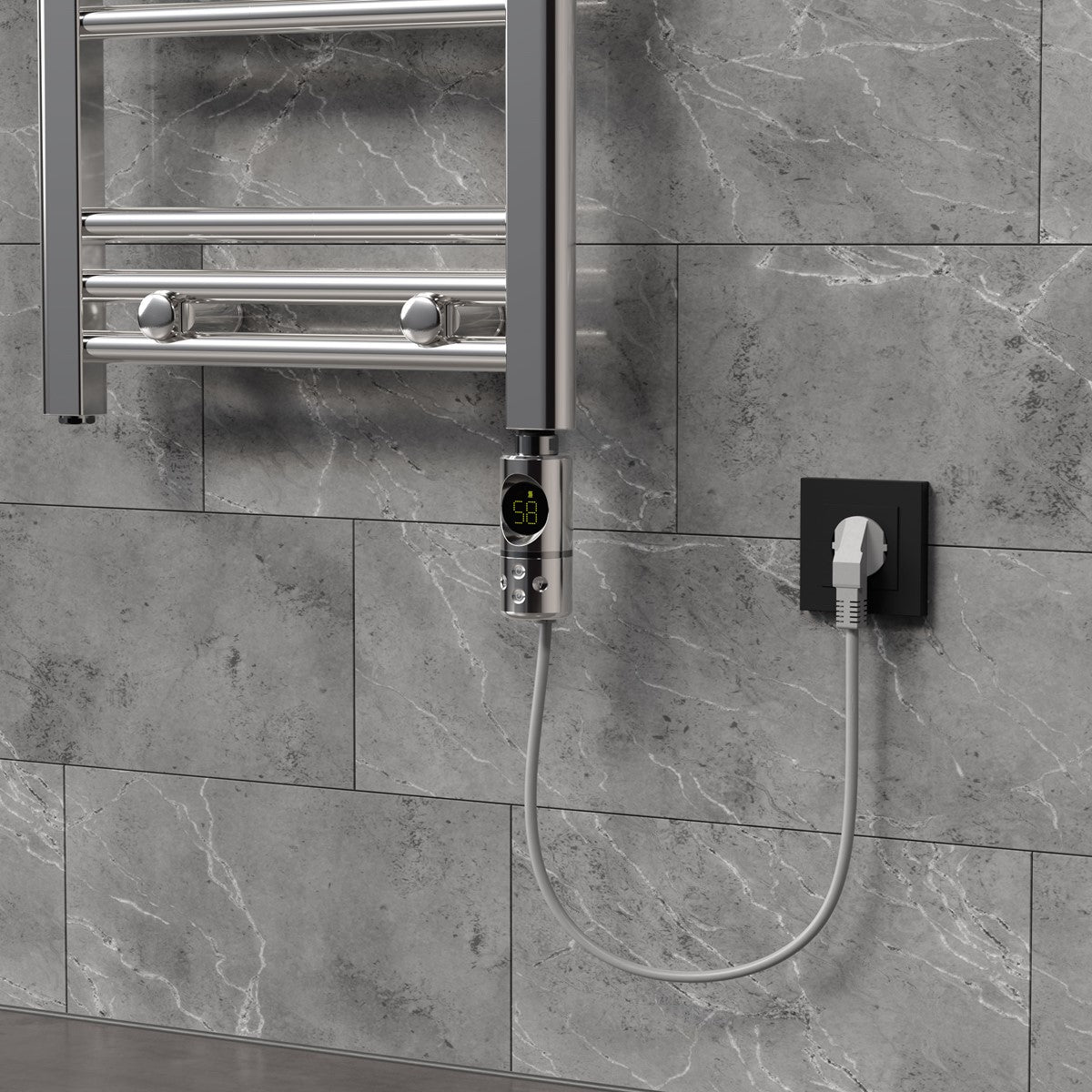 Un chauffe-serviettes en acier inoxydable sur un mur gris.
