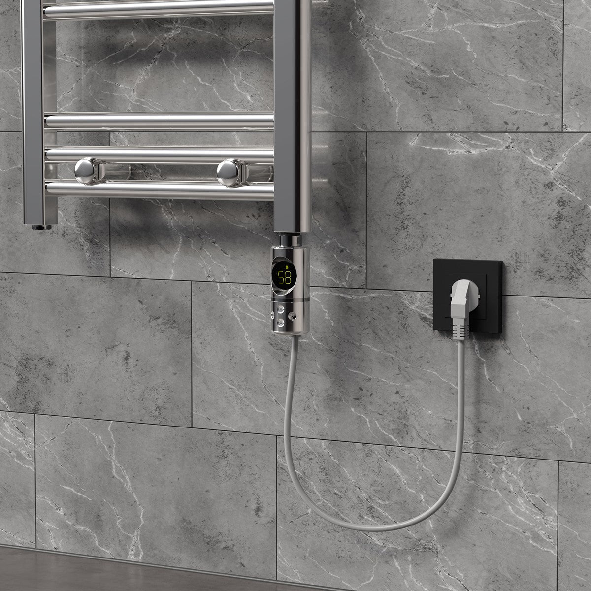 Elemento calefactor en una pared con conexión de cable.