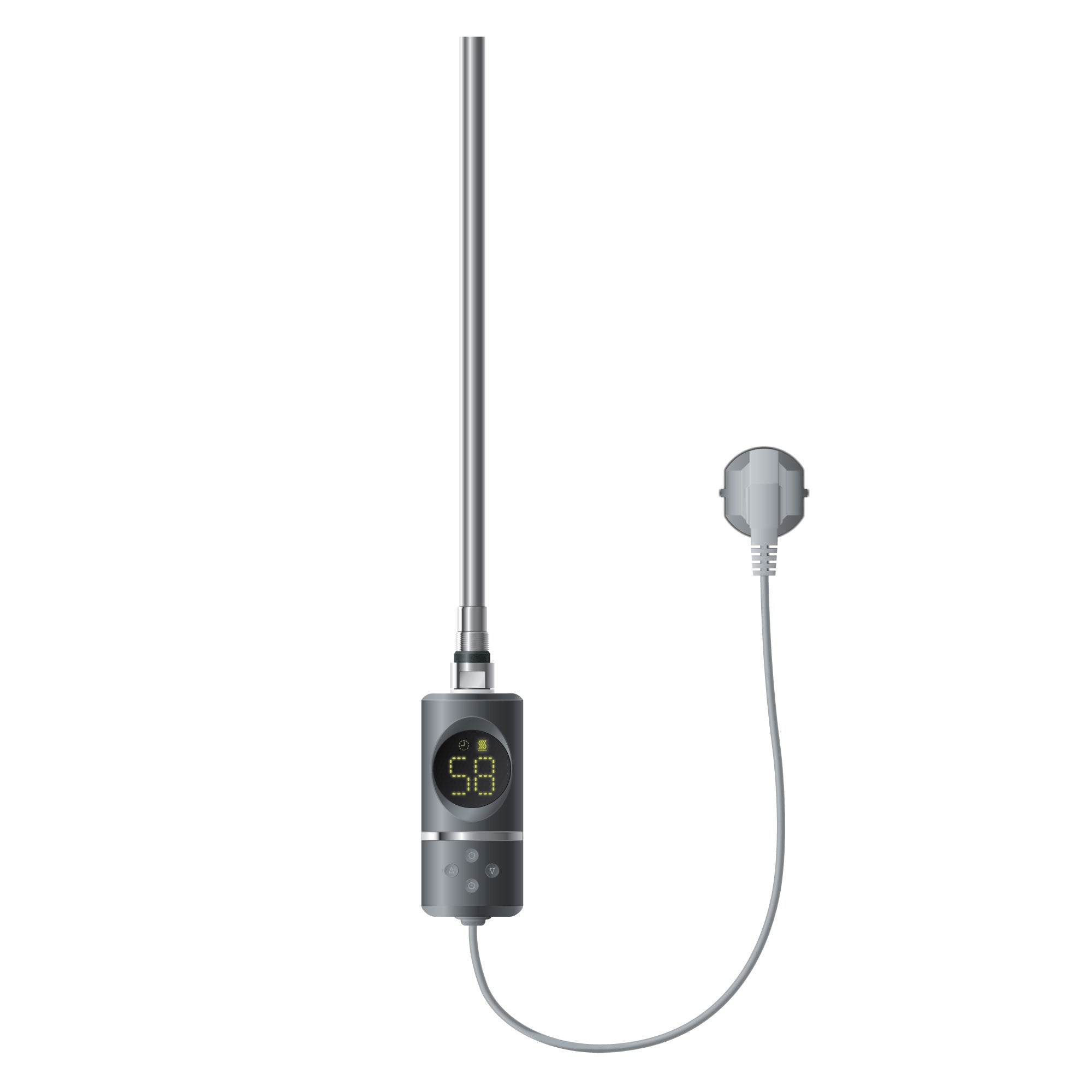 Heizstab mit digitalem Display und Stecker auf weißem Hintergrund.