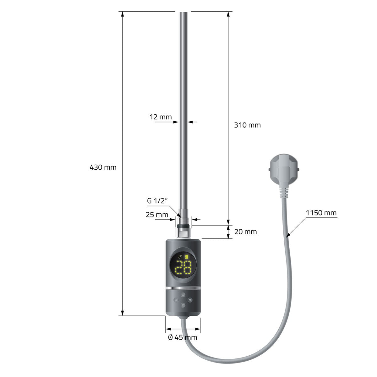 Technical drawing of a heating element with dimensions and connection details.