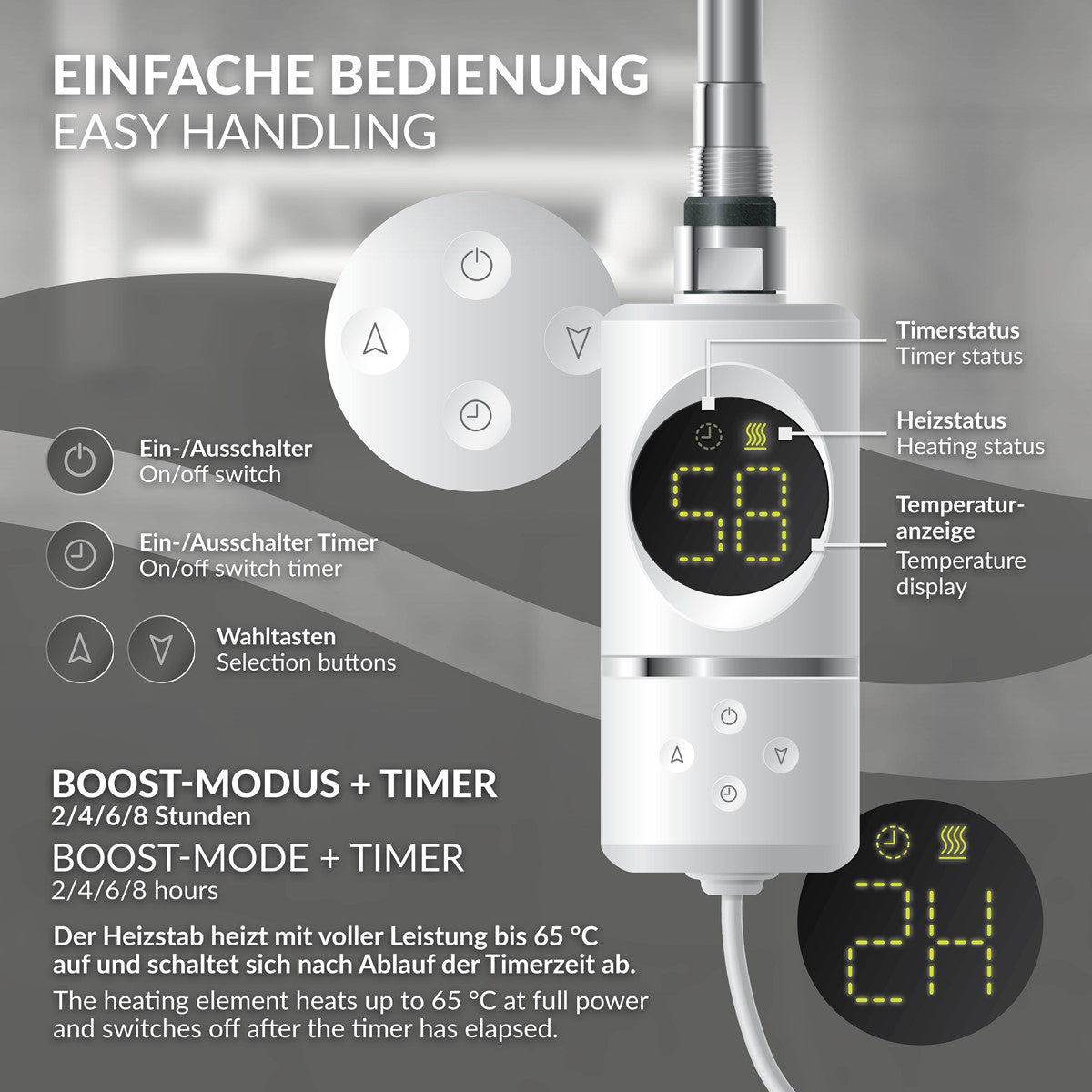 Bedienelement mit Display, Tasten und Temperaturanzeige für Heizstab.
