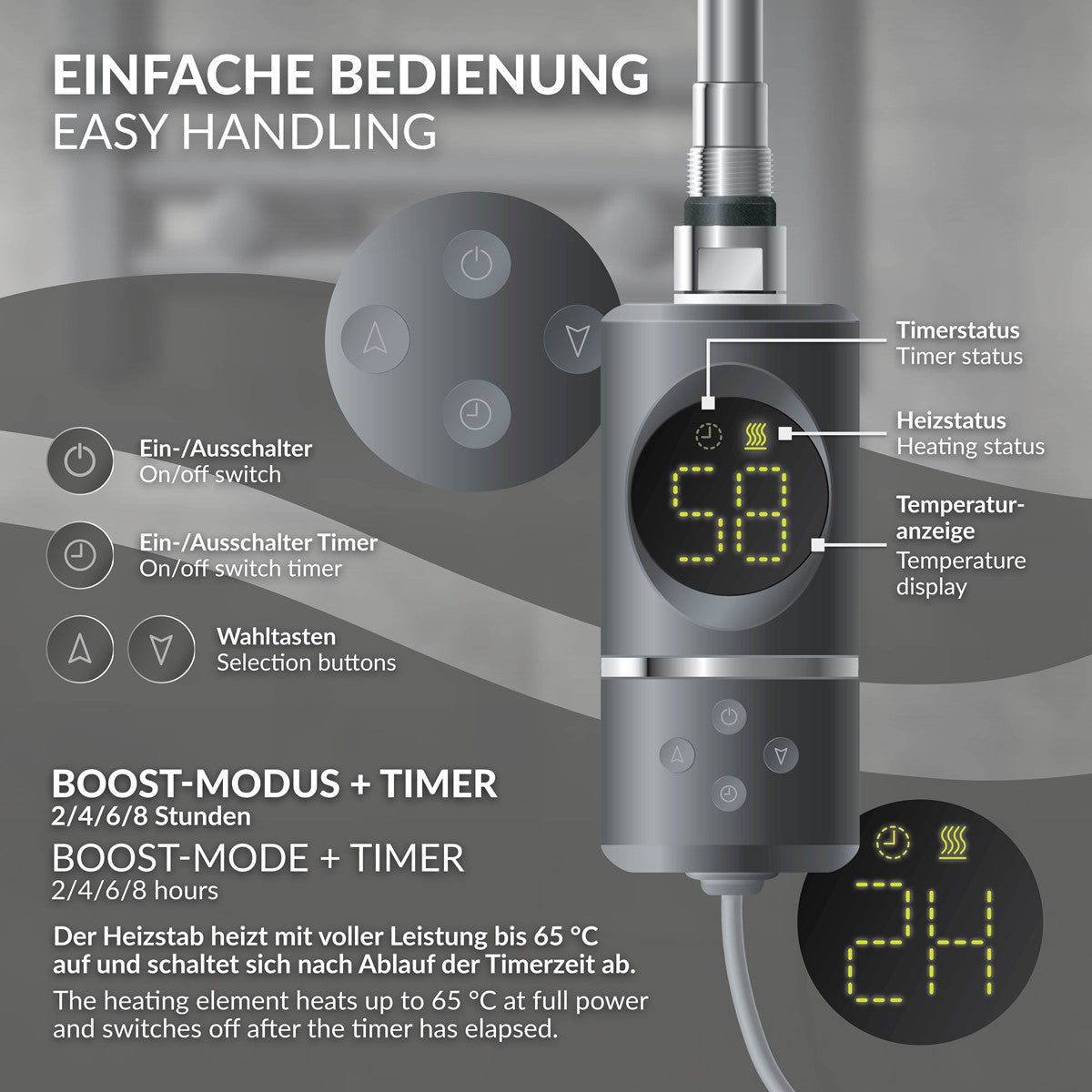 Bedienfeld mit digitaler Anzeige und Tasten für Timer und Temperatur.