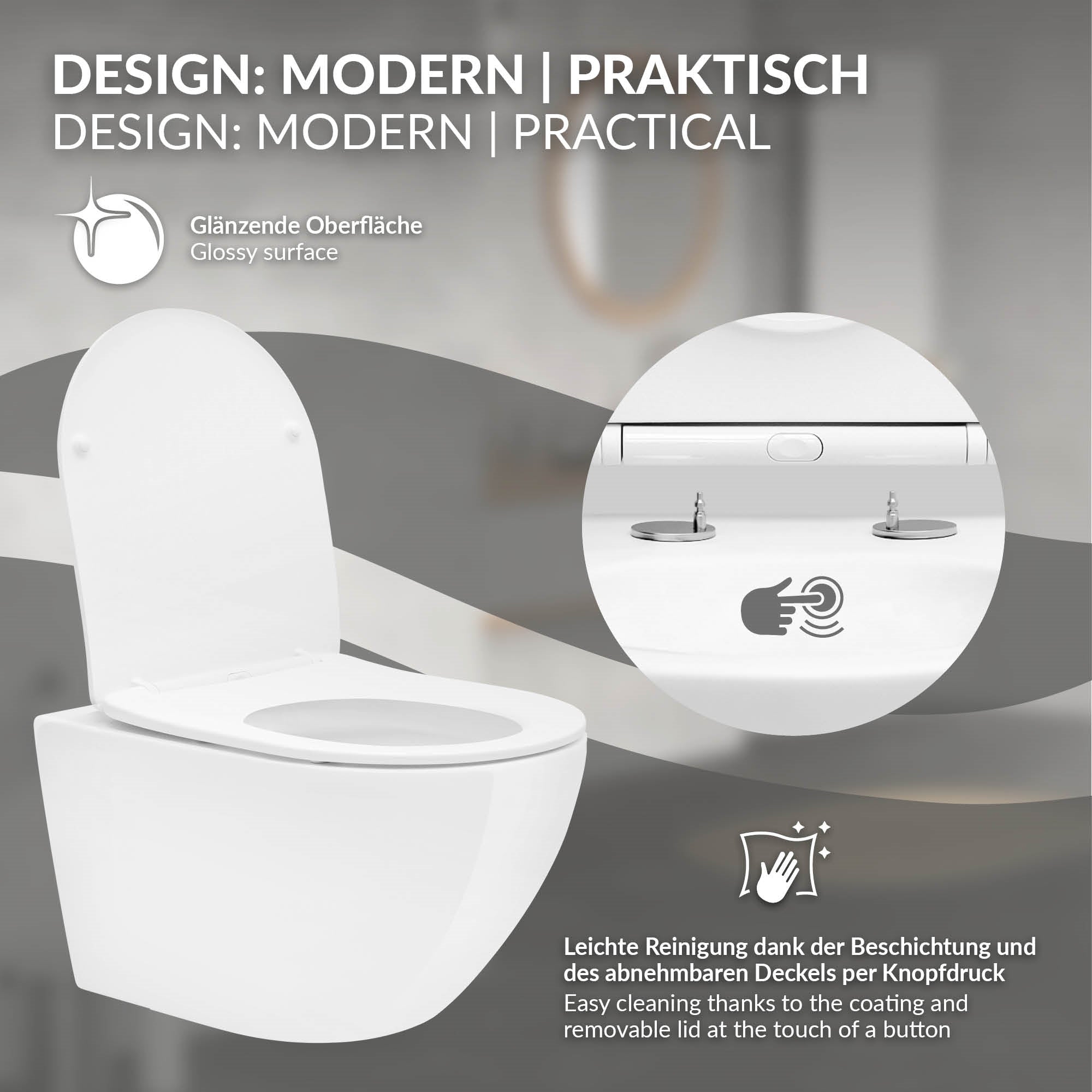 Toilette mit glänzender Oberfläche und abnehmbarem Deckel, Reinigung per Knopfdruck.