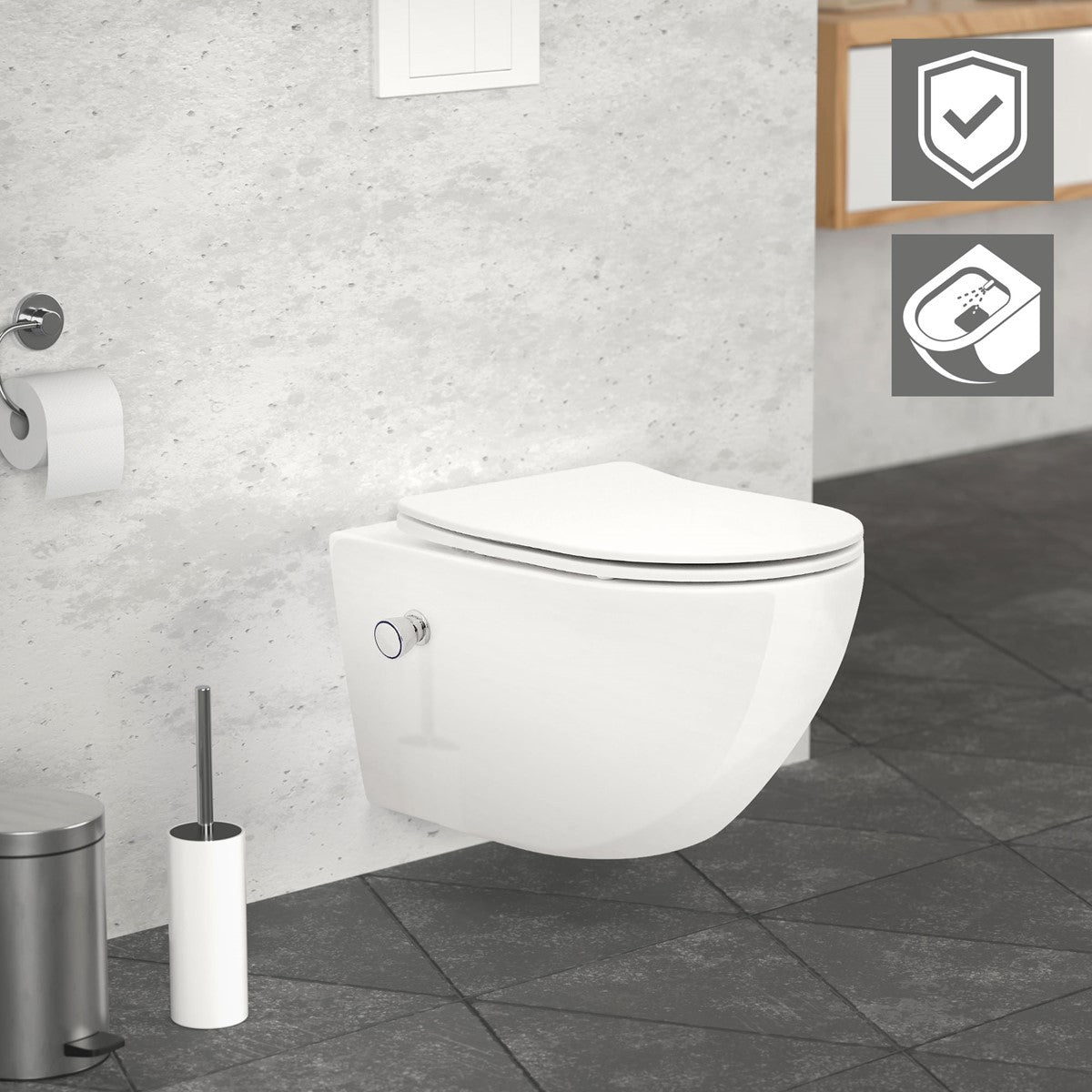 White wall-hung toilet against a gray wall with symbols for quality.