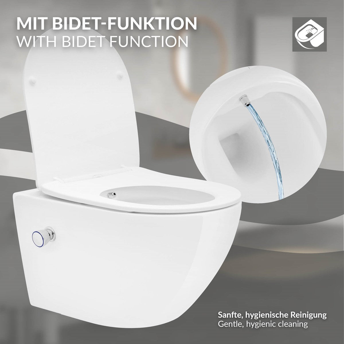 Toilet with bidet function, rounded shape, and side water connection.