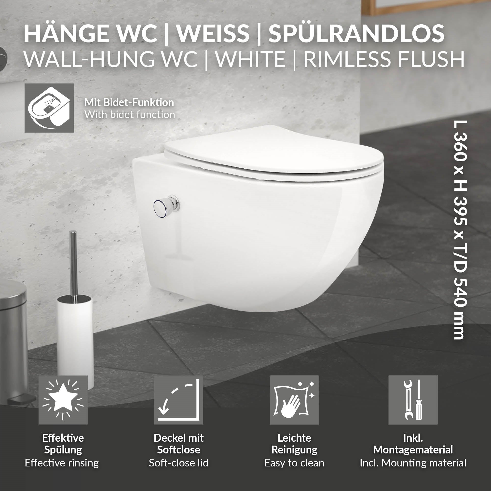 Hängendes WC in Weiß mit Bidet-Funktion und technischen Details.