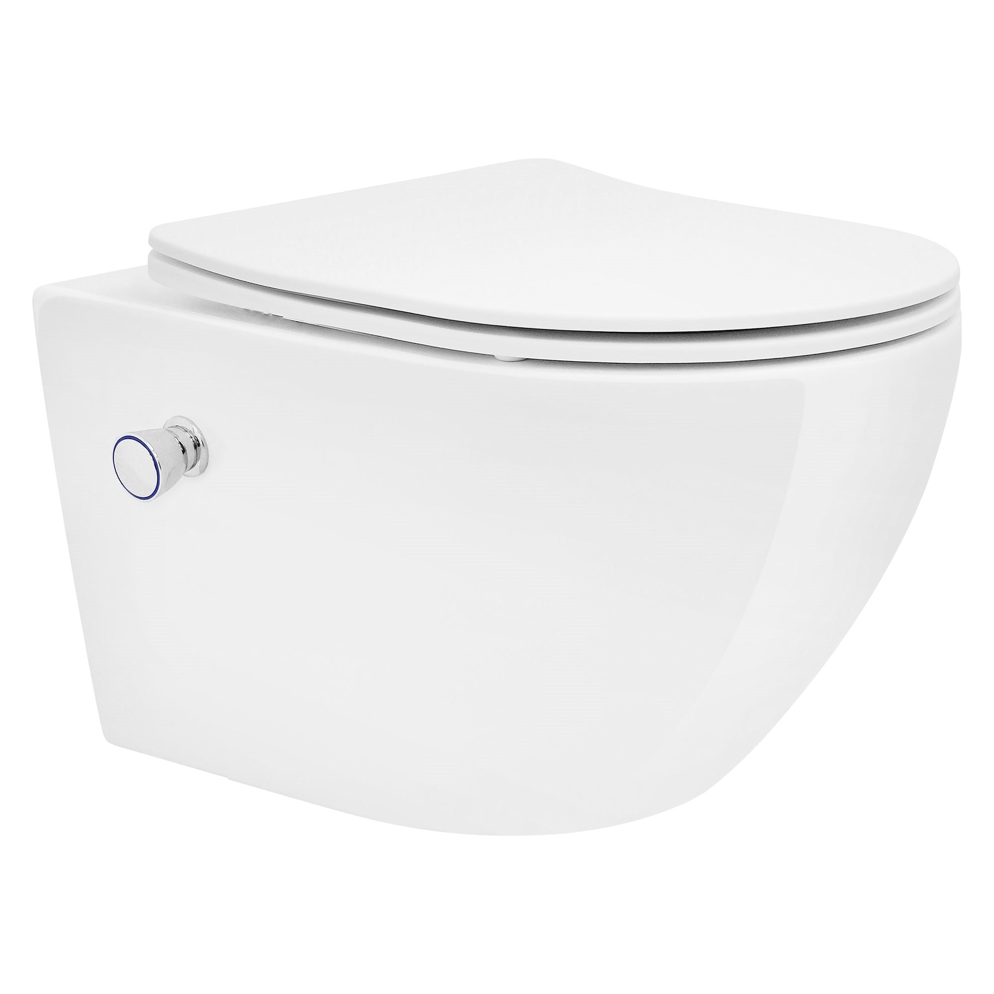 Wandtoilette in weißer Farbe mit abgerundeter Sitzfläche.