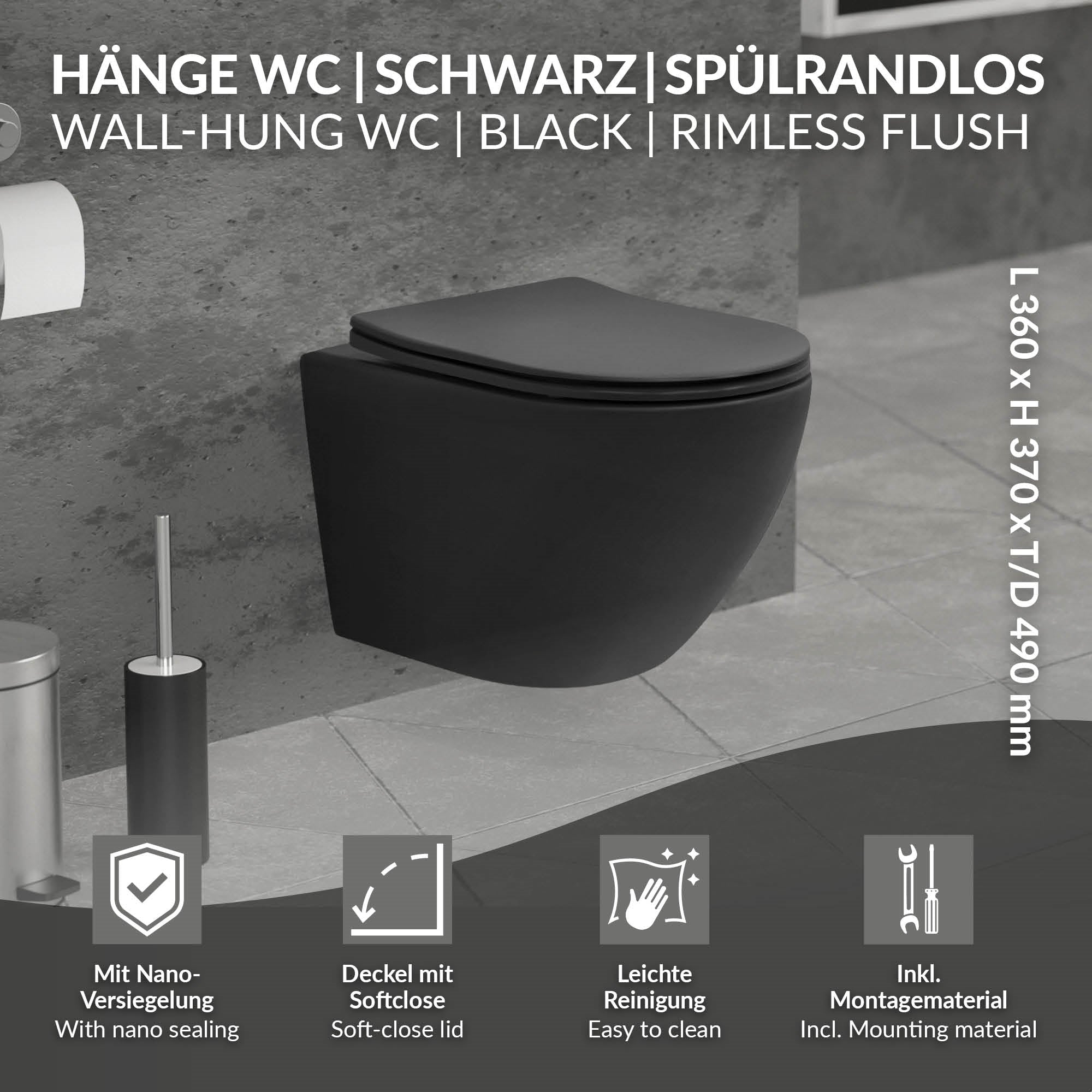 Schwarzes wandhängendes WC mit Softclose-Deckel und Nano-Versiegelung.