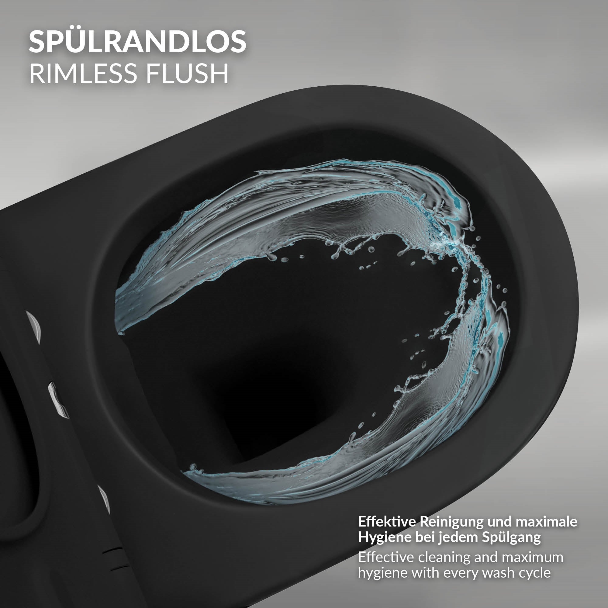 Nahaufnahme des Spülmechanismus mit Wasserfluss in der Toilette.