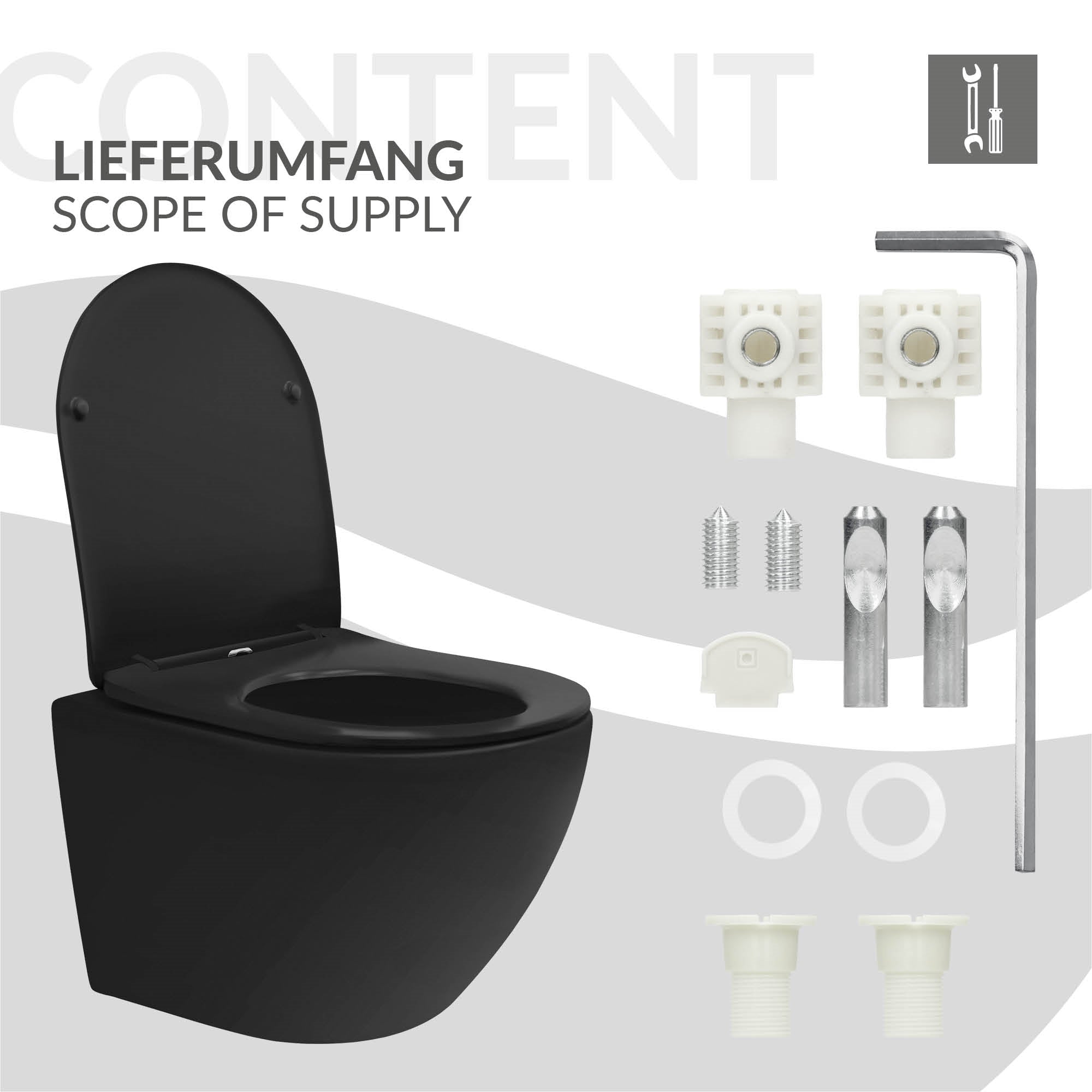 Lieferumfang für ein wandhängendes WC mit Zubehörteilen.