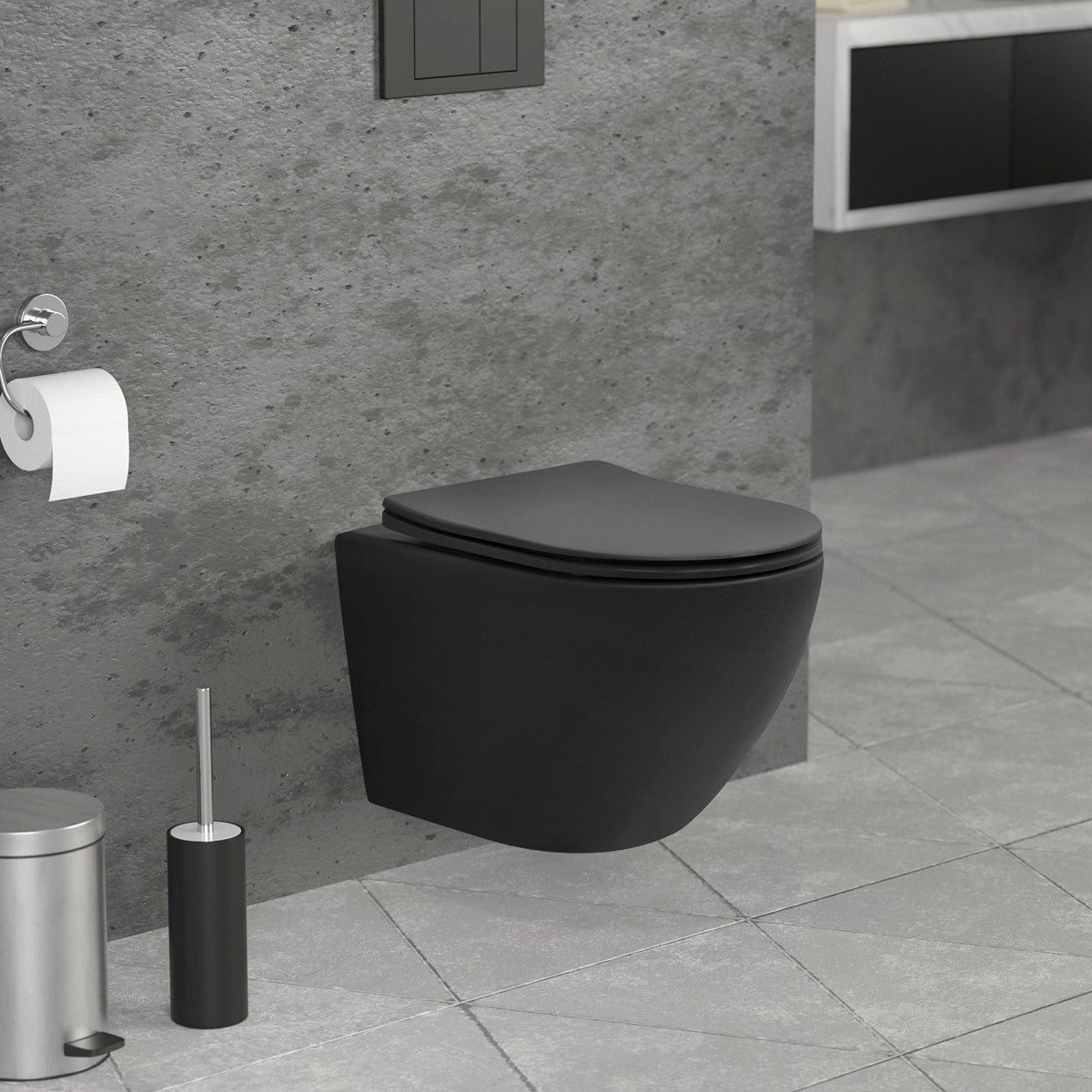 Black wall-hung toilet against a grey wall with a toilet paper holder.