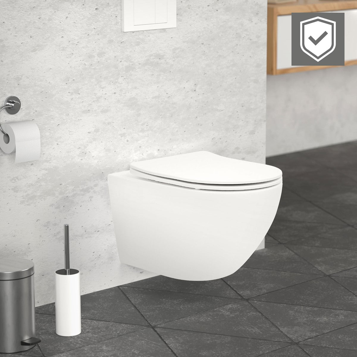 Wand-WC in einem Badezimmer, mit einem Häkchen-Symbol.