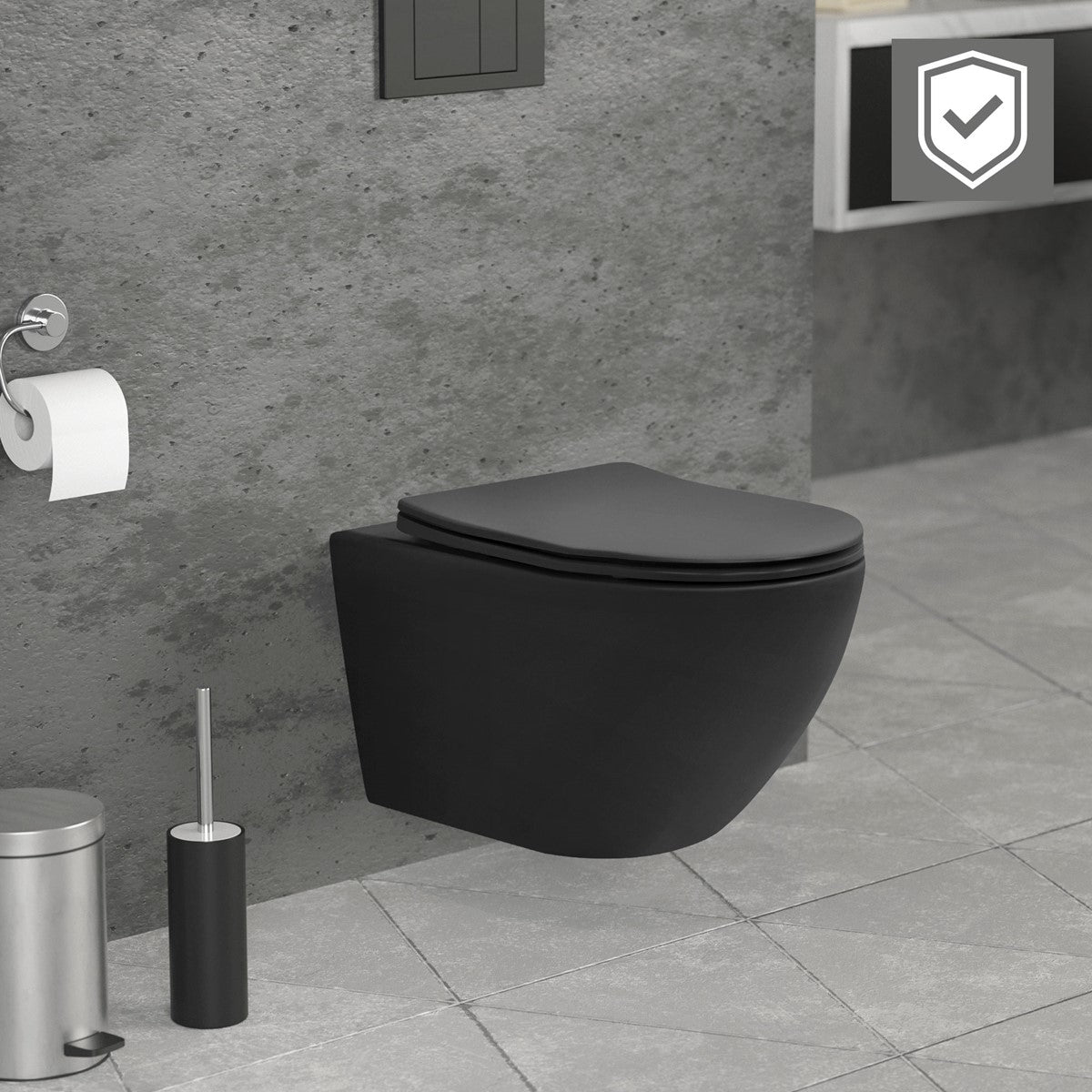 Black wall-hung toilet in a bathroom with gray walls and a control panel.