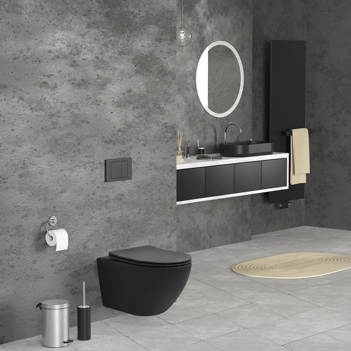Badkamer met zwart toilet, houten wastafel en ronde spiegel.
