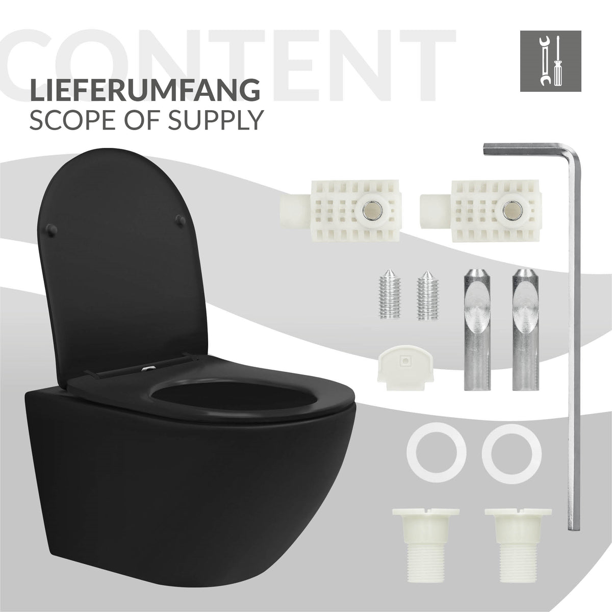Leveringsomvang voor een toilet met verschillende montage-elementen en accessoires.