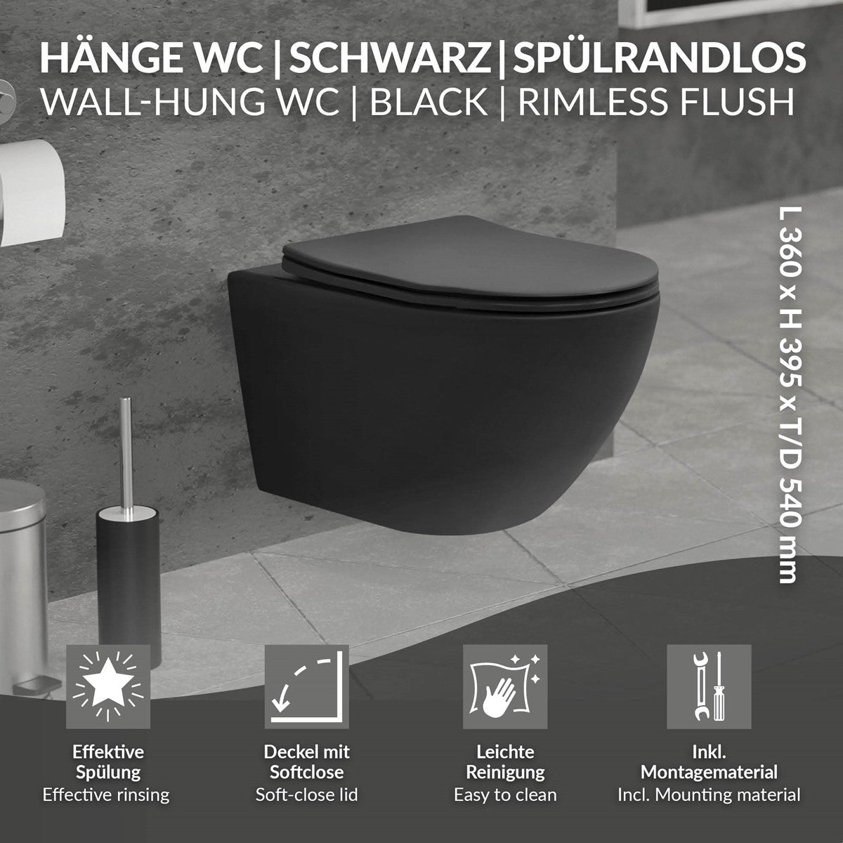 Zwart hangend toilet met Softclose-deksel en technische details.