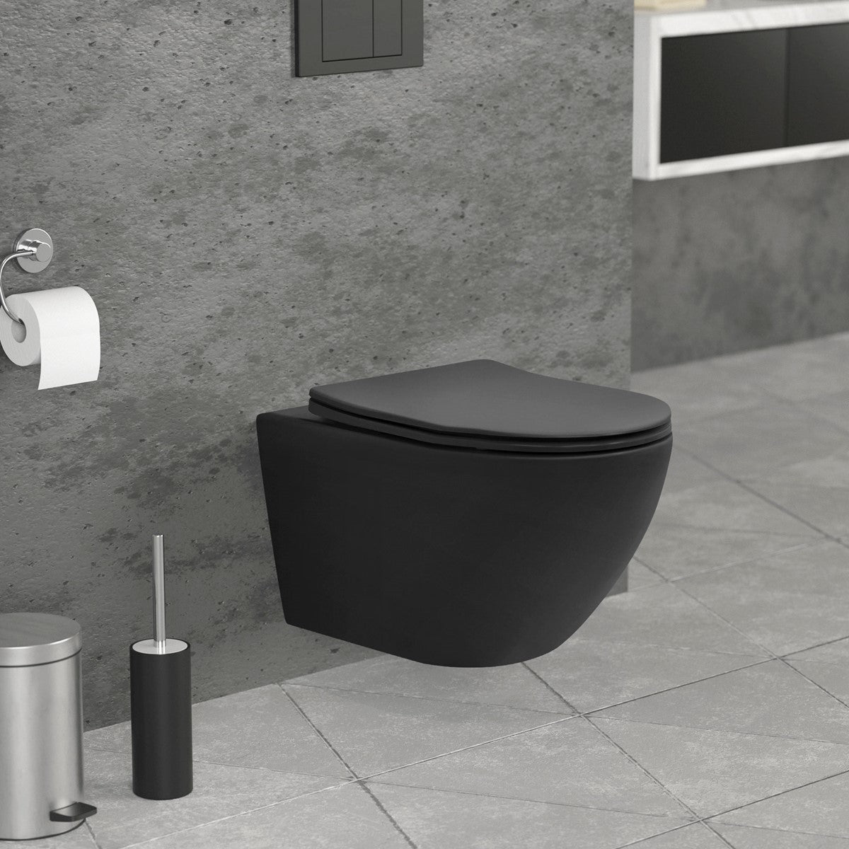 Black wall-hung toilet in a modern bathroom with gray walls.