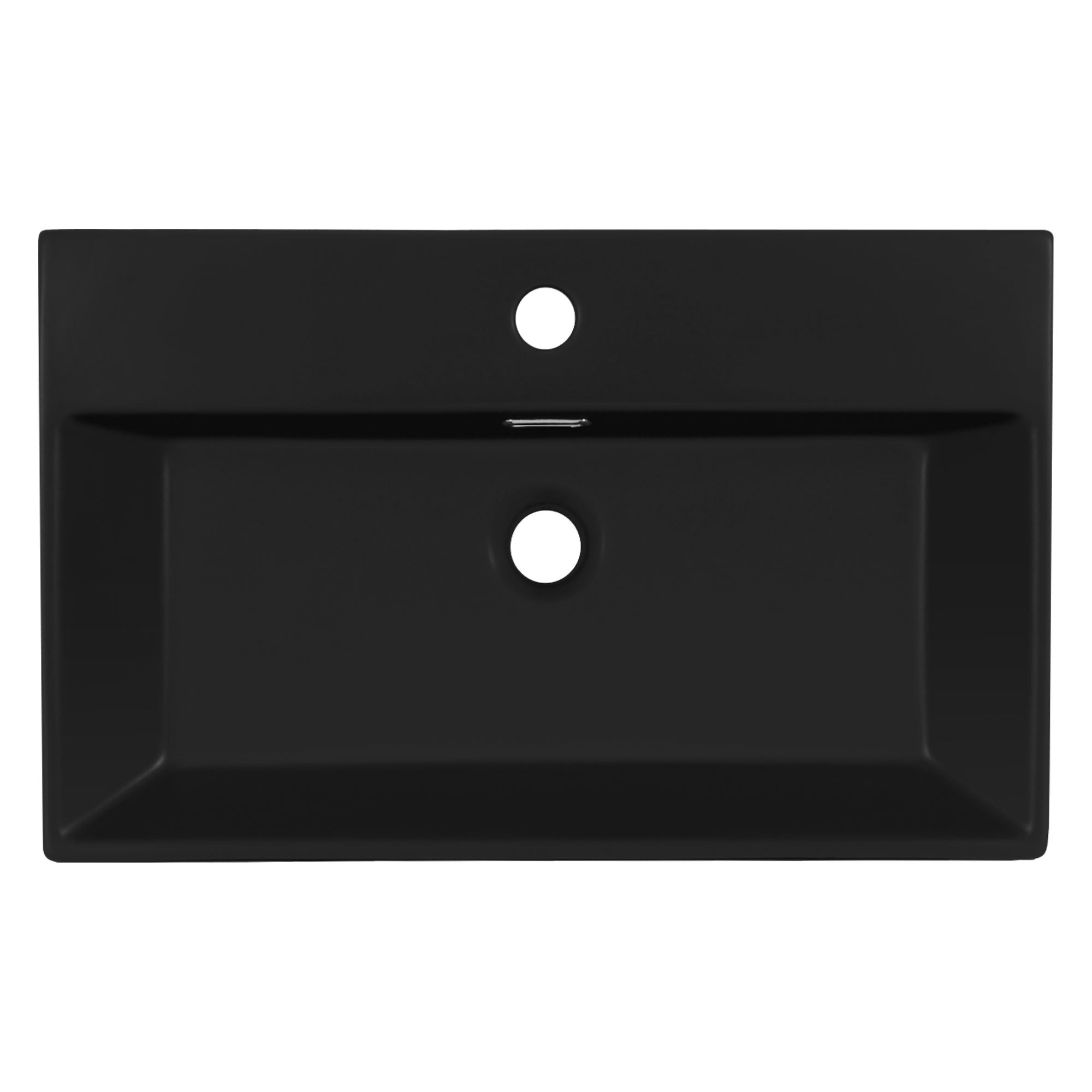Top view of a black sink with a central drain hole.