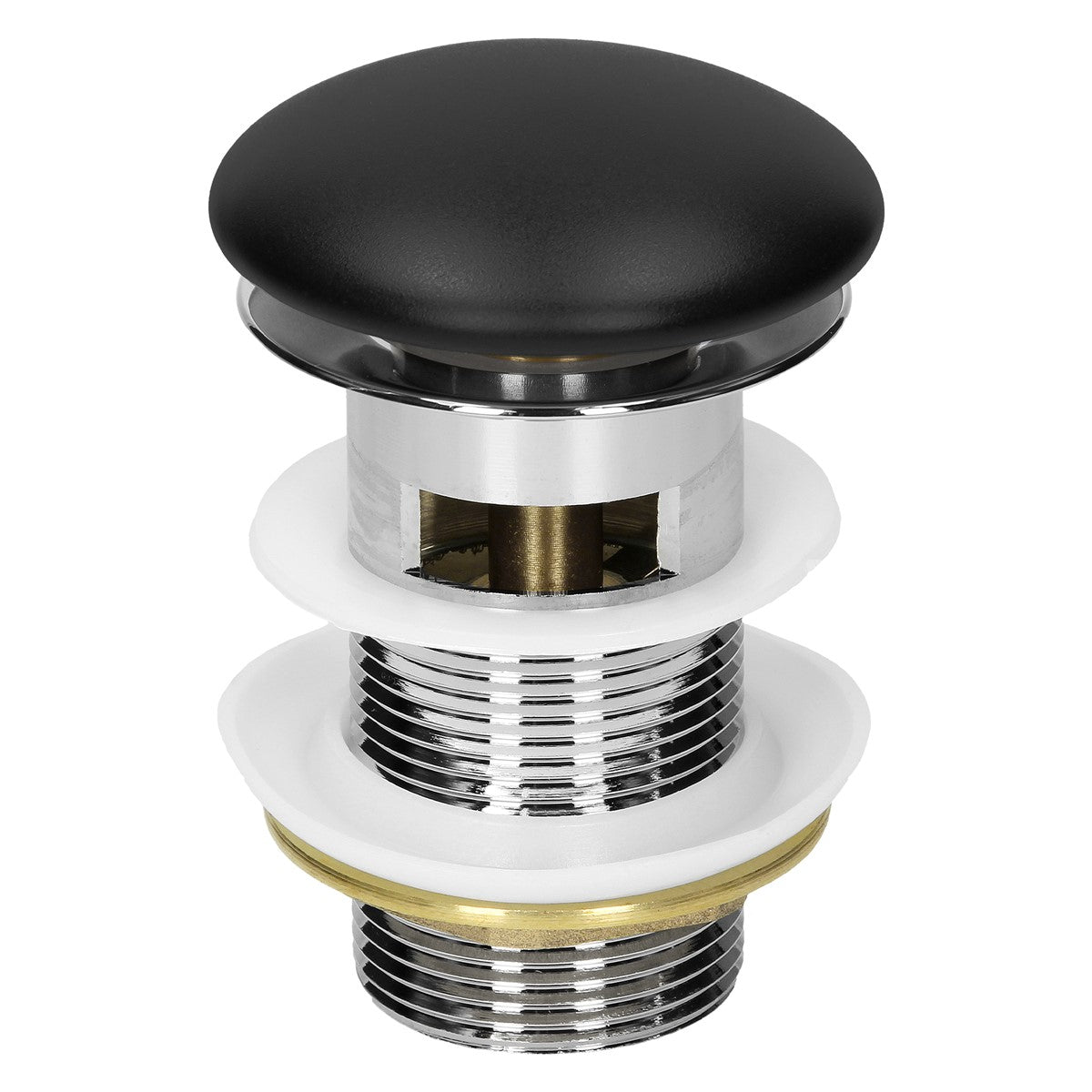 Black drain plug, top view with thread.
