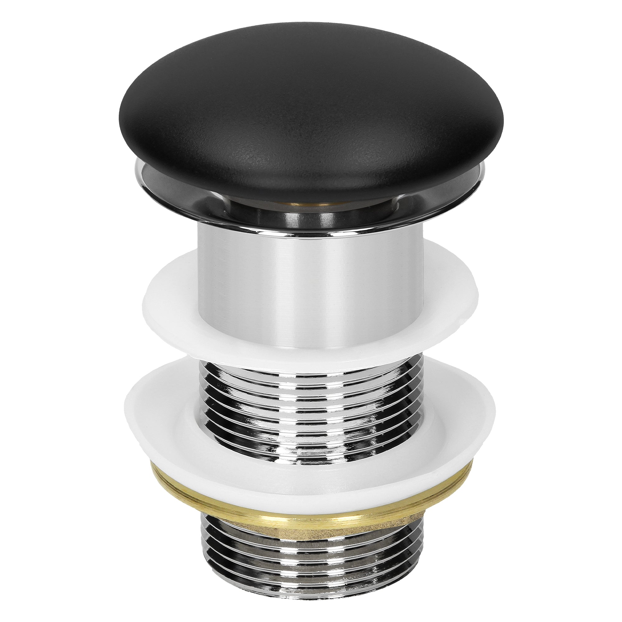 Black drain plug with multiple components.