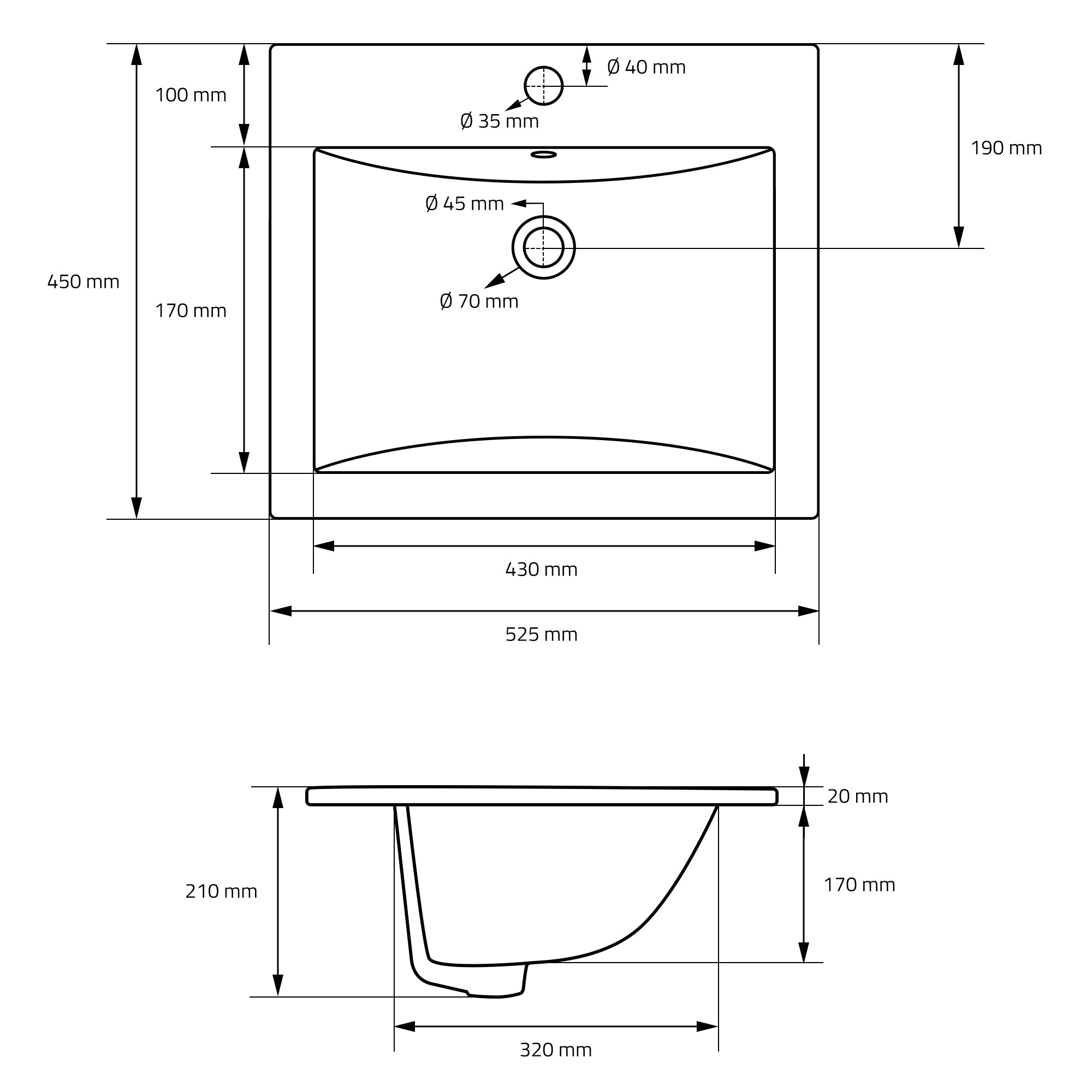 Technical drawing of a sink with dimensions.