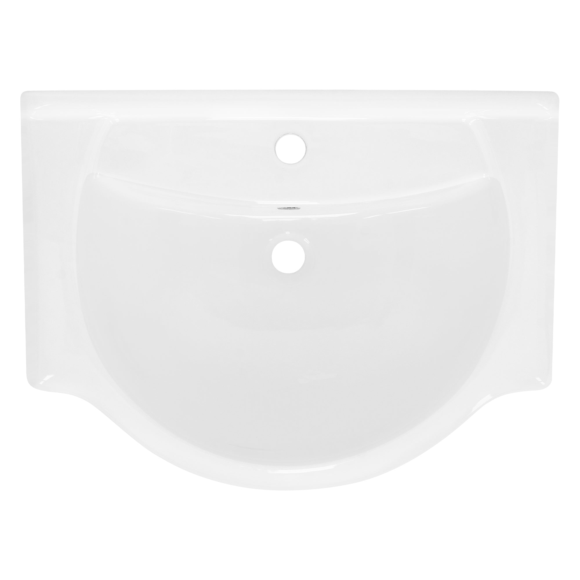 White sink with two holes for faucet and drain.