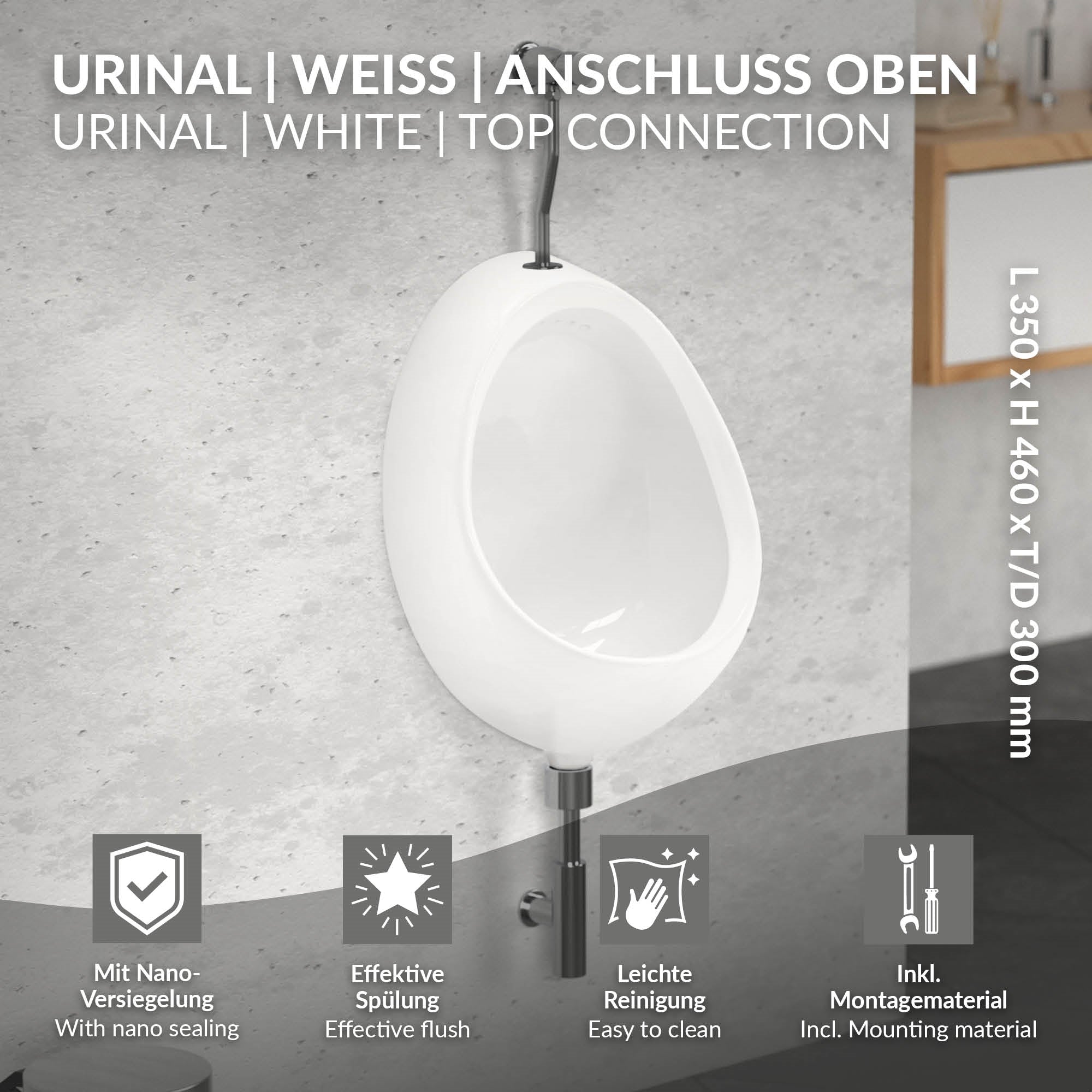 Weißes Urinal mit oberem Anschluss, auf einem hellen Hintergrund.