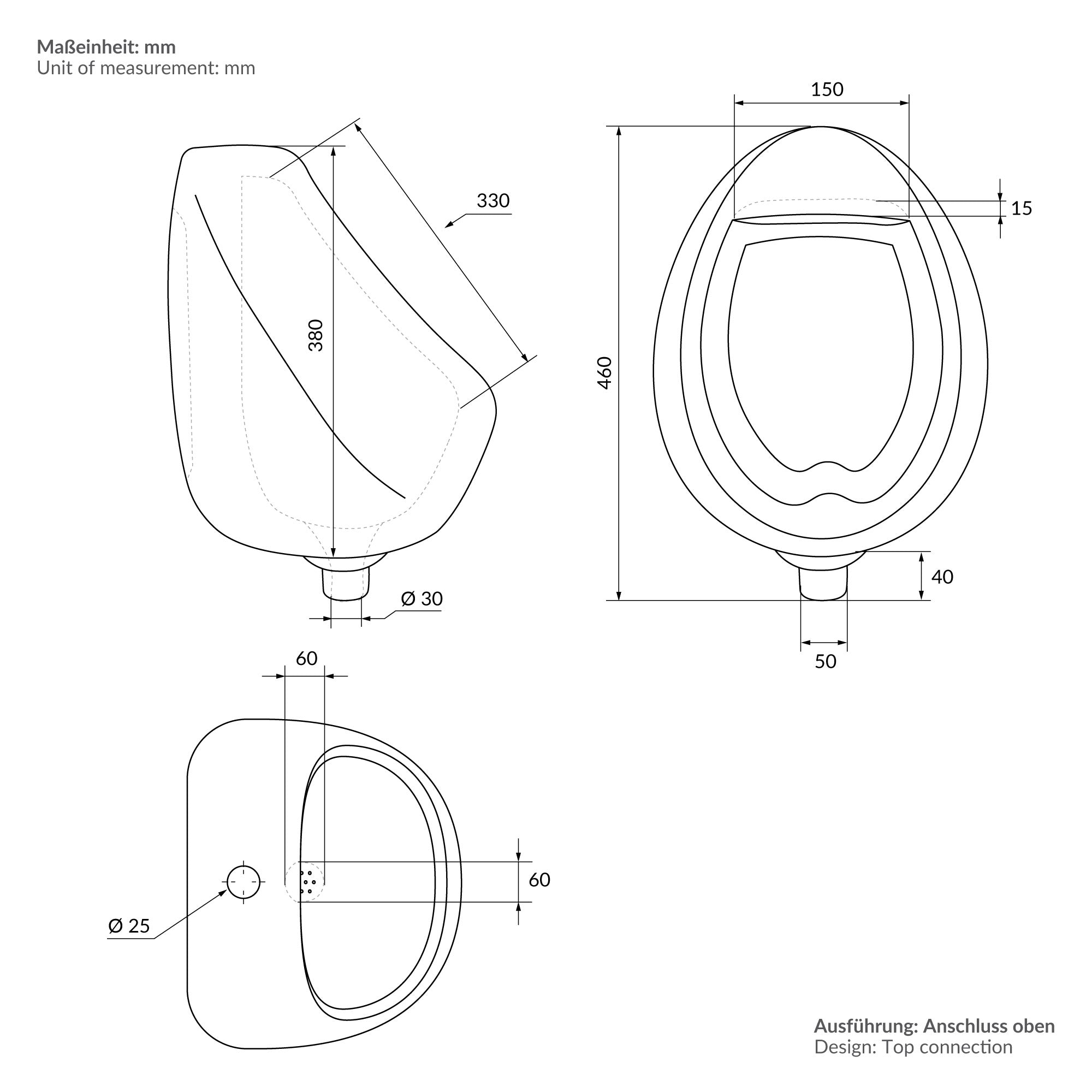Teknisk tegning af et urinal med mål.