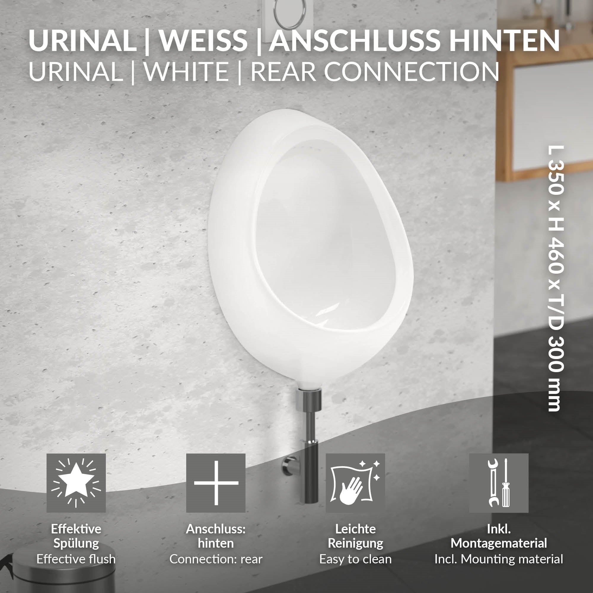 Weißes Urinal mit rückseitigem Anschluss und Montageanleitung.