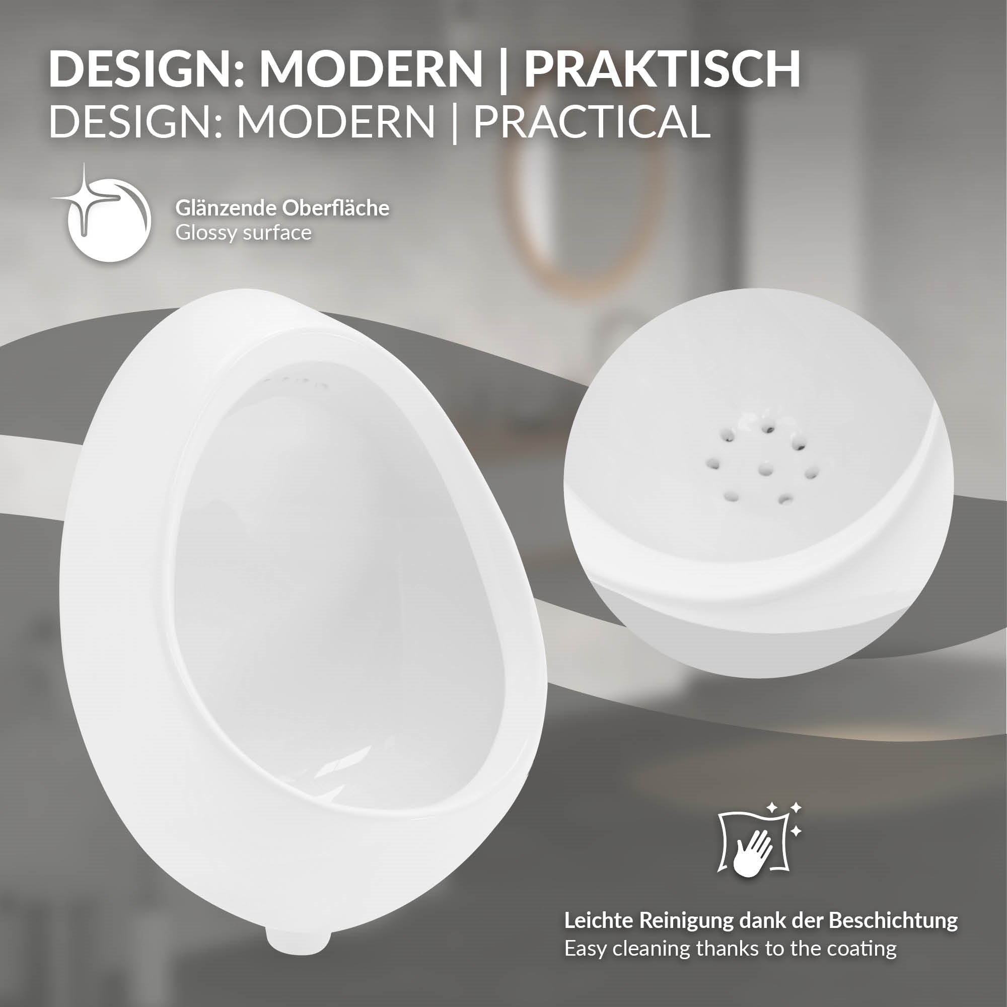 Weißes Urinal mit glatter Oberfläche und Reinigungsanleitung.