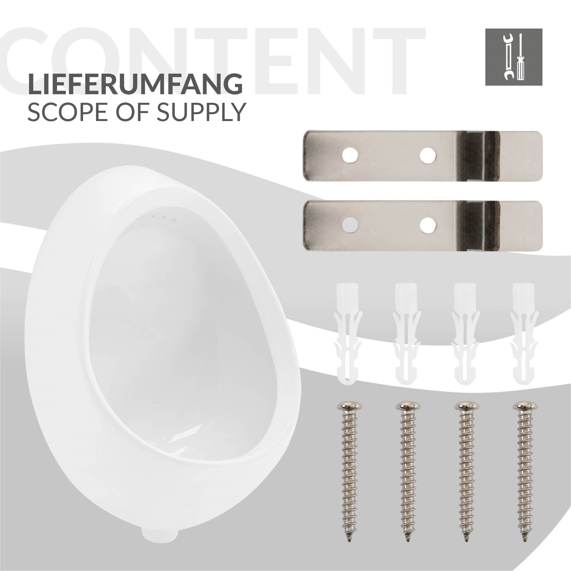 Lieferumfang mit einem weißen Urinal und Montagematerial auf grauem Hintergrund.