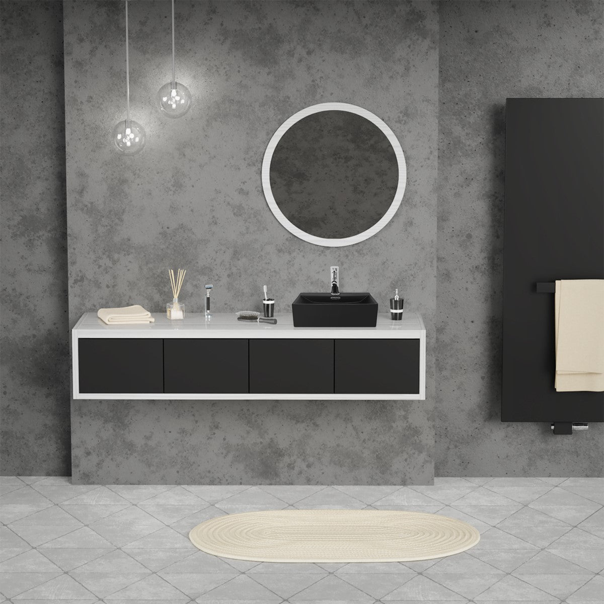 Modern bathroom with a black washbasin and a round wall mirror.