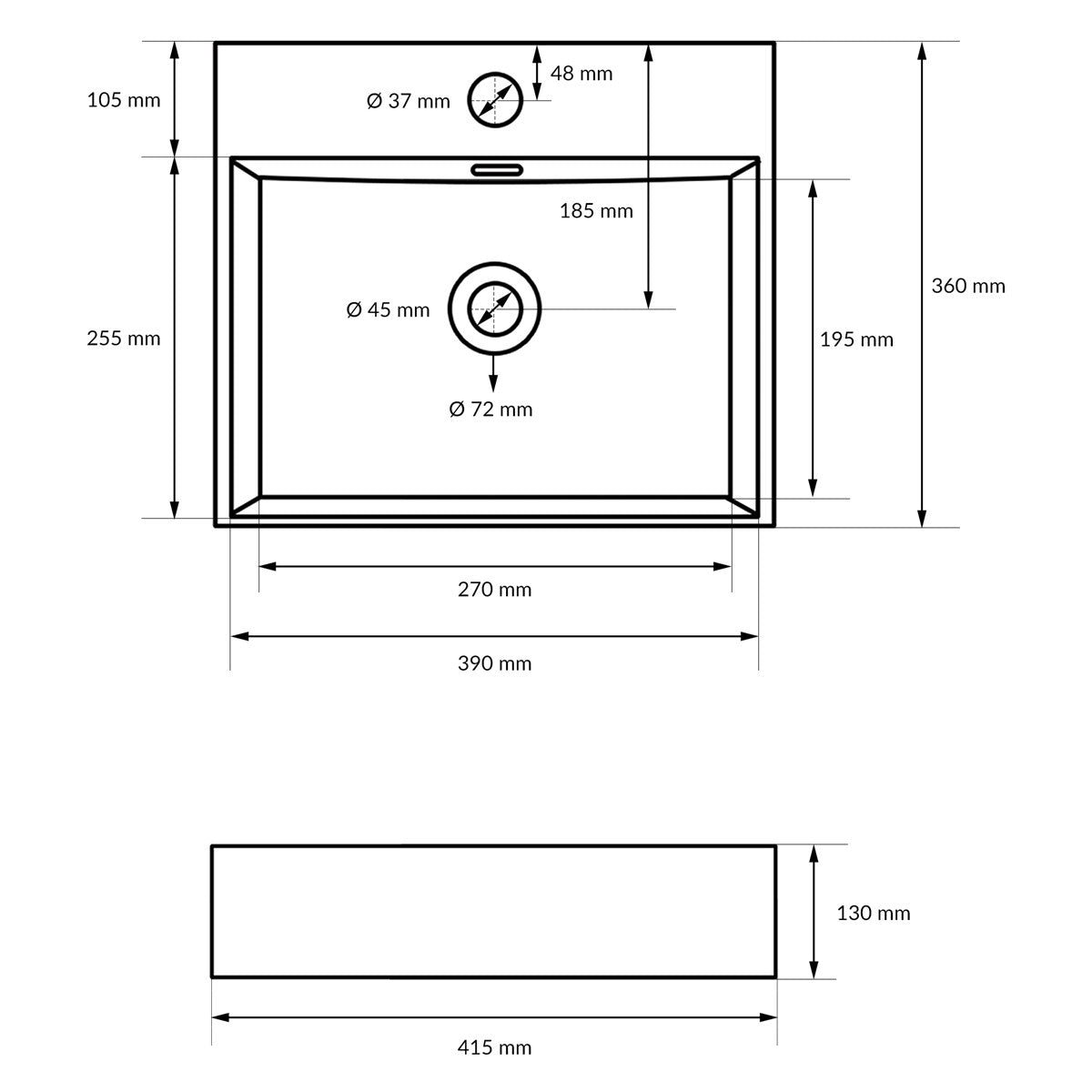 Technical drawing of a washbasin with dimensions.