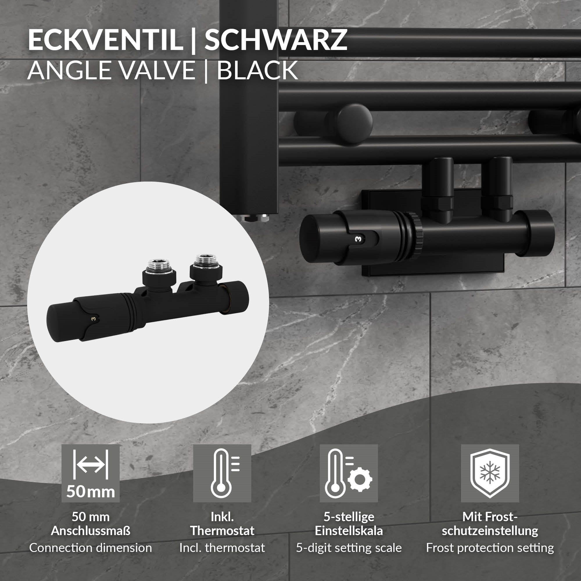 Eckventil in Schwarz mit Anschlussmaßen und Frostschutz.