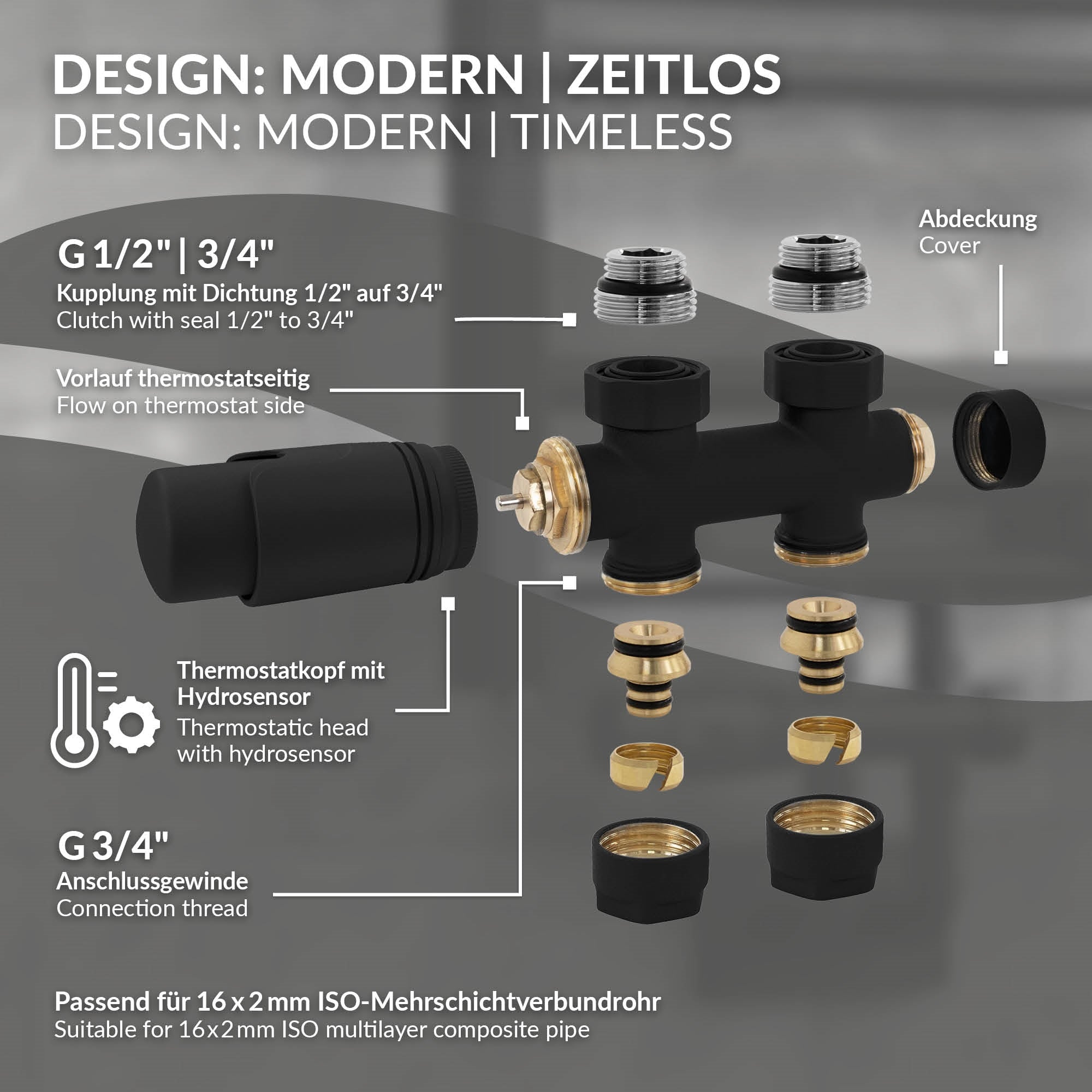 Technische Details eines Thermostats mit Anschlussmaßen.