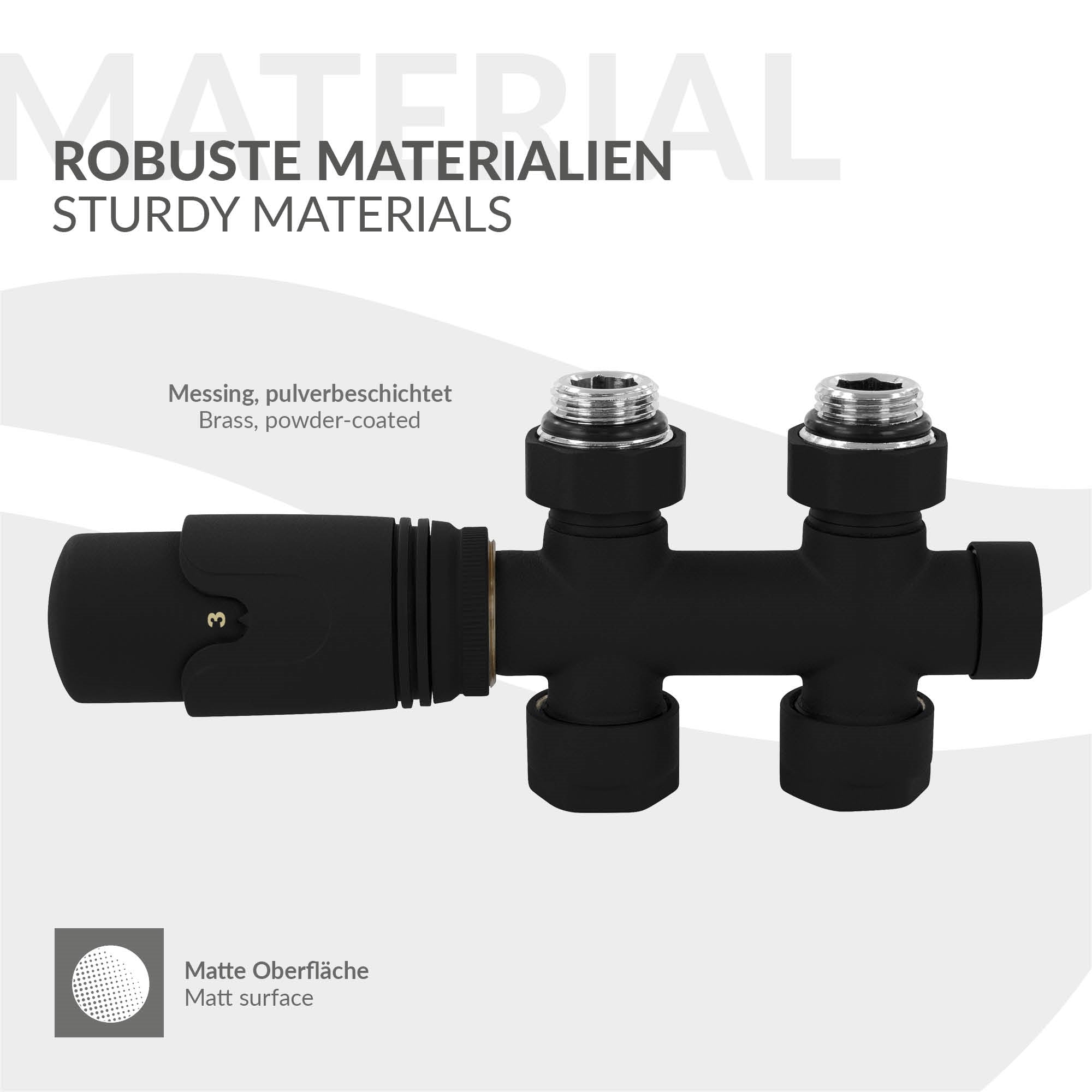 Schwarze Armatur aus Messing mit pulverbeschichteter Oberfläche.