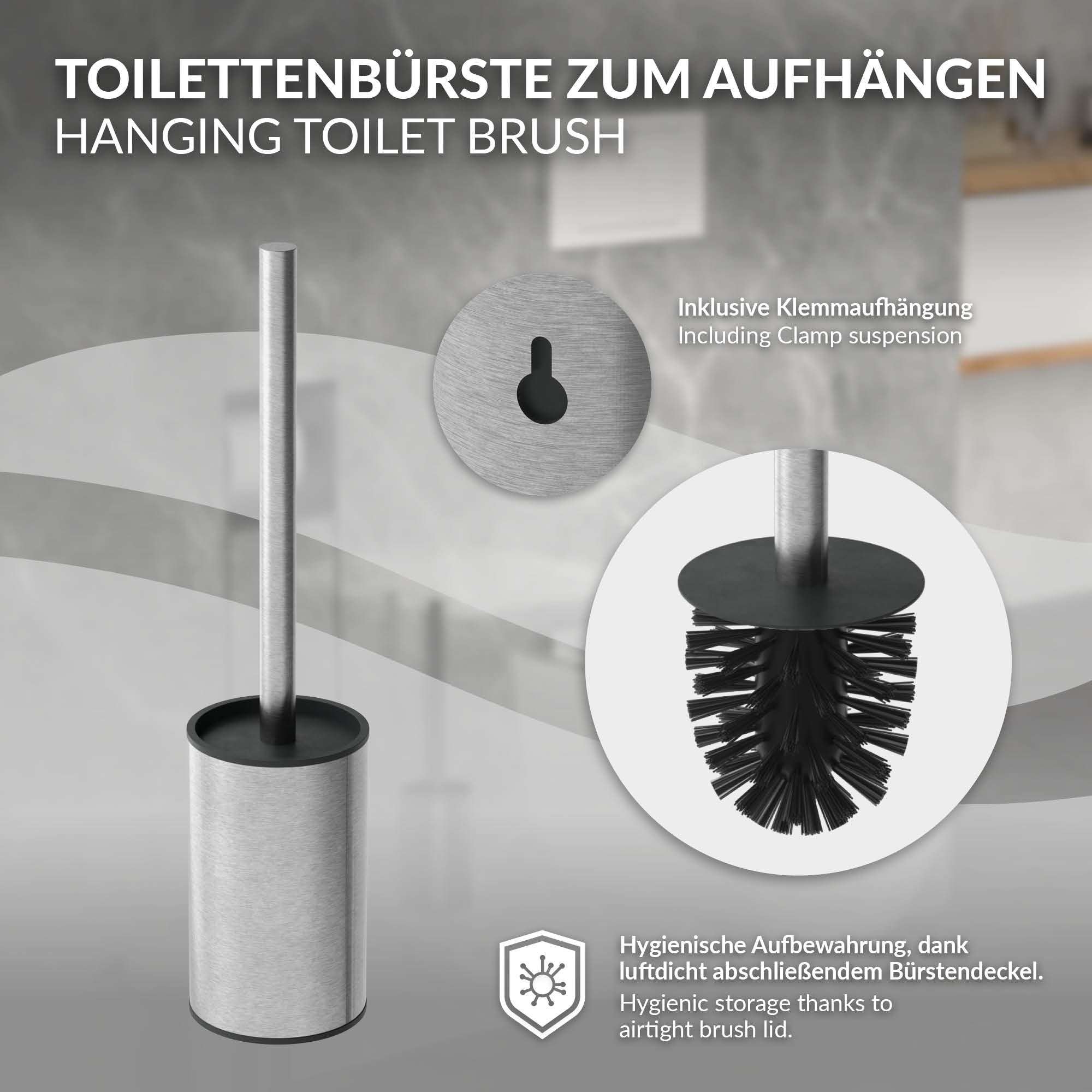 Ripustettava WC-harja puristuskoukkukiinnityksellä ja harjaspäällä.