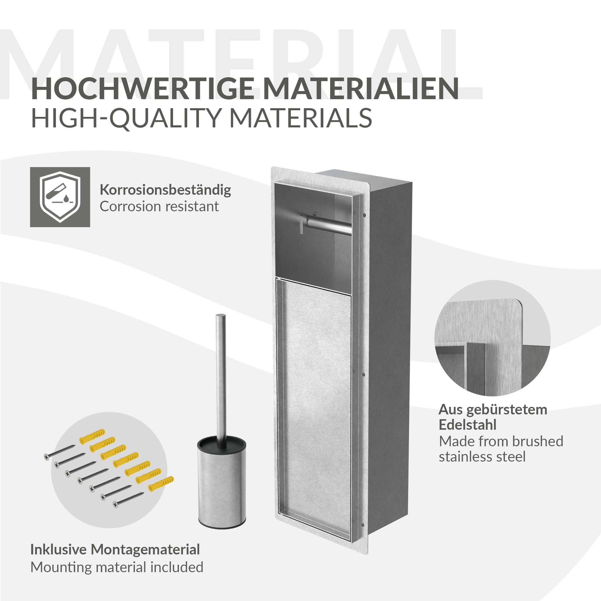 Grafiikka korkealaatuisista materiaaleista ruostumattomasta teräksestä valmistetussa WC-paperitelineessä.