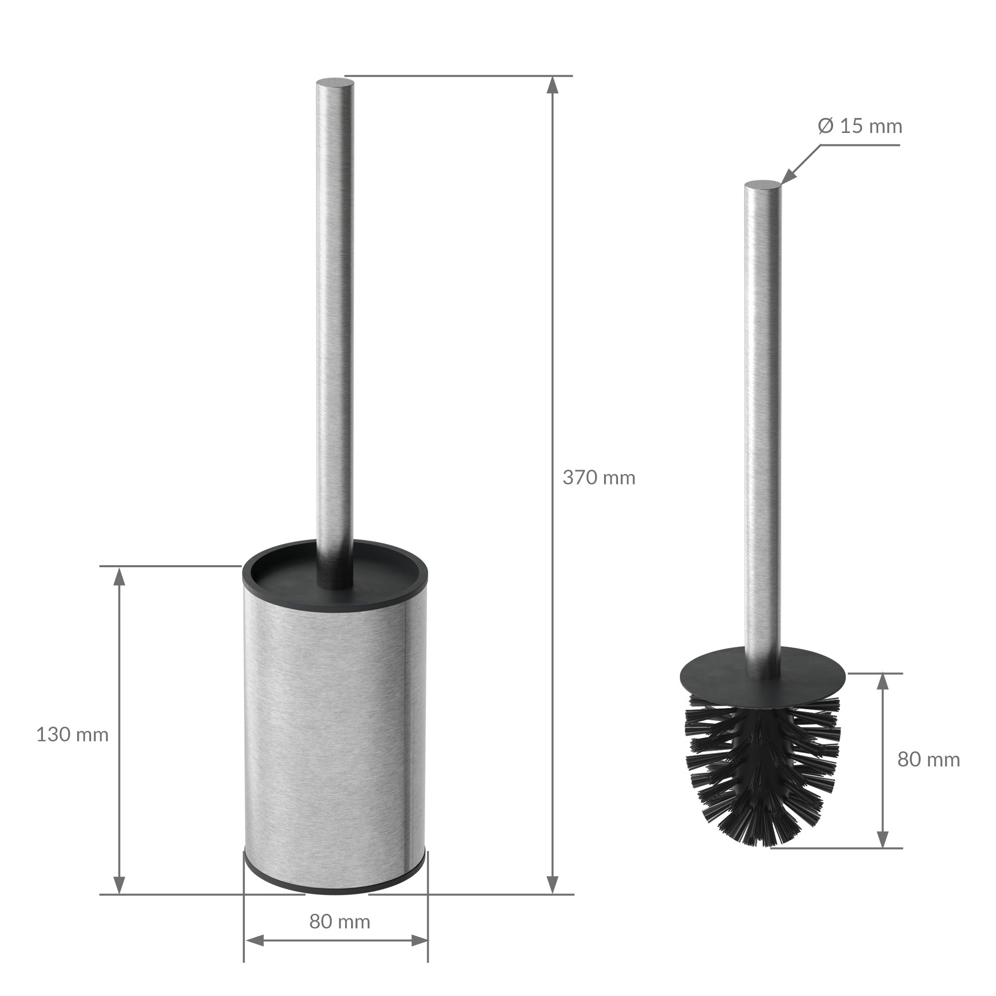 Toilettenbürste mit Halter, Maße: 370 mm hoch, 80 mm Durchmesser.