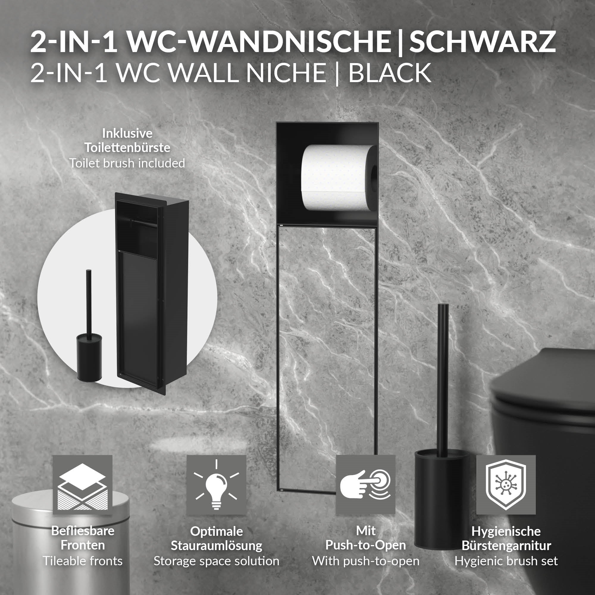 2-v-1 WC nástěnná nika v černé barvě s držákem na toaletní papír a štětku.