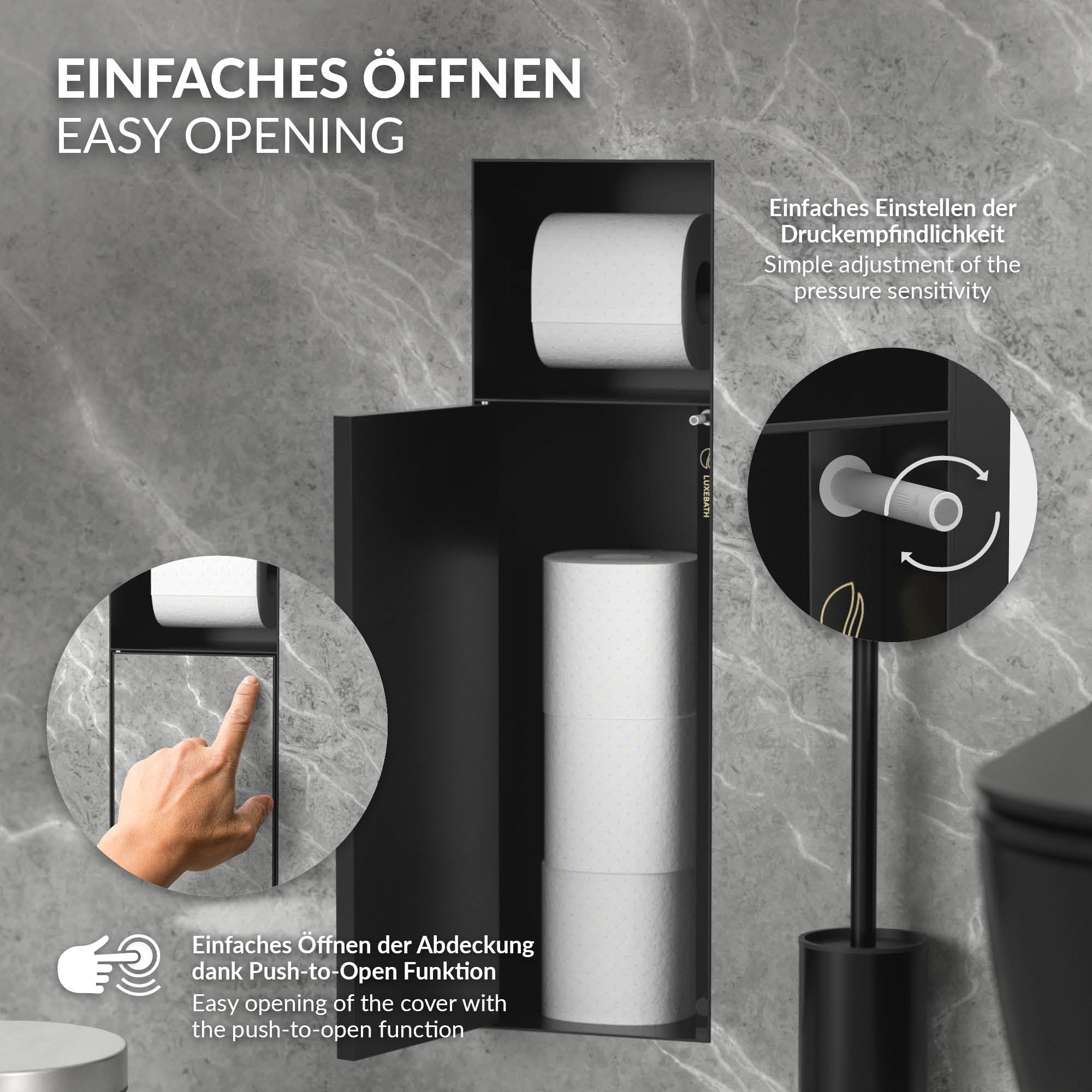 Soporte de pared negro para papel higiénico con función de apertura sencilla.