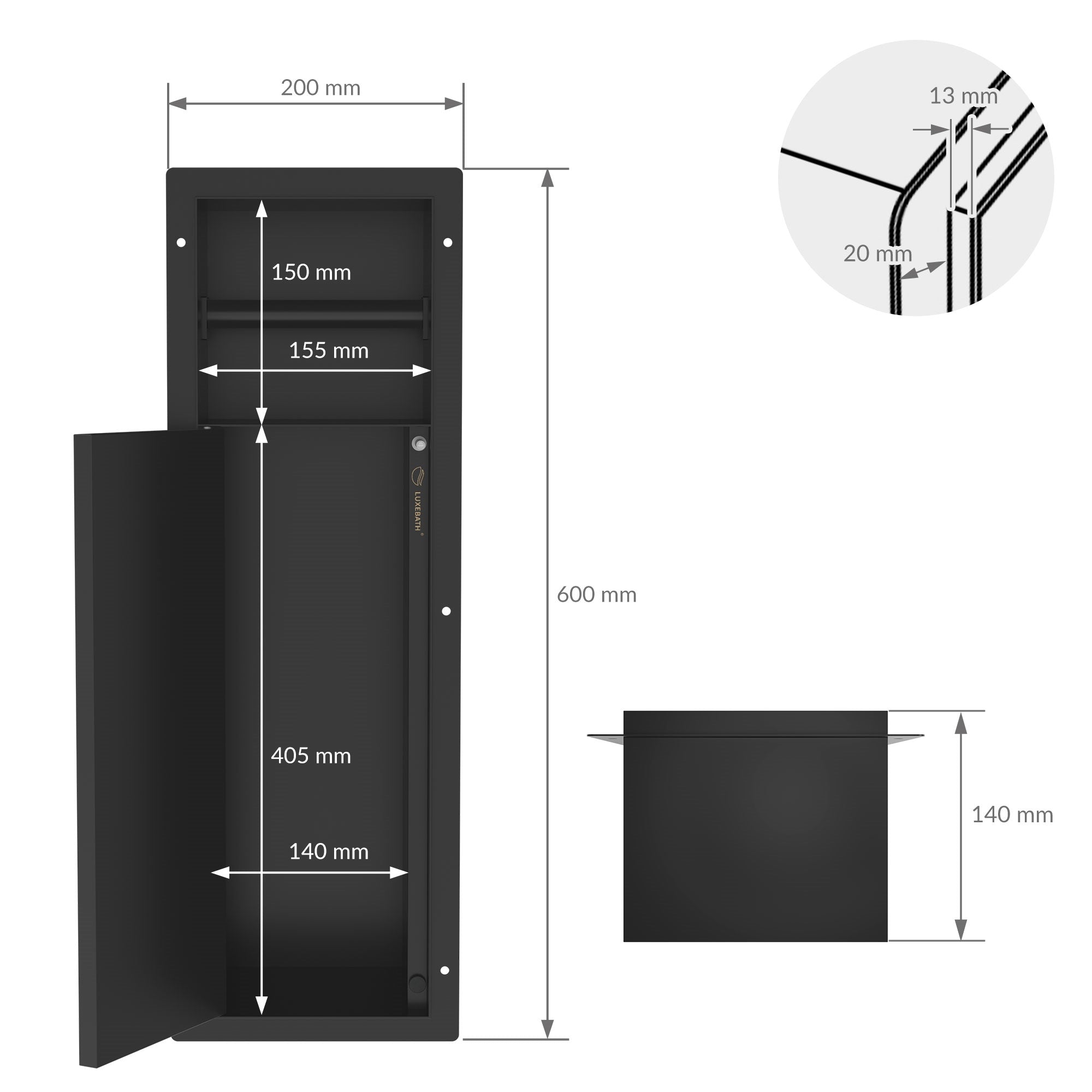 Maßzeichnung für eine Wandnische mit Abmessungen von 600 mm Höhe und 200 mm Breite.