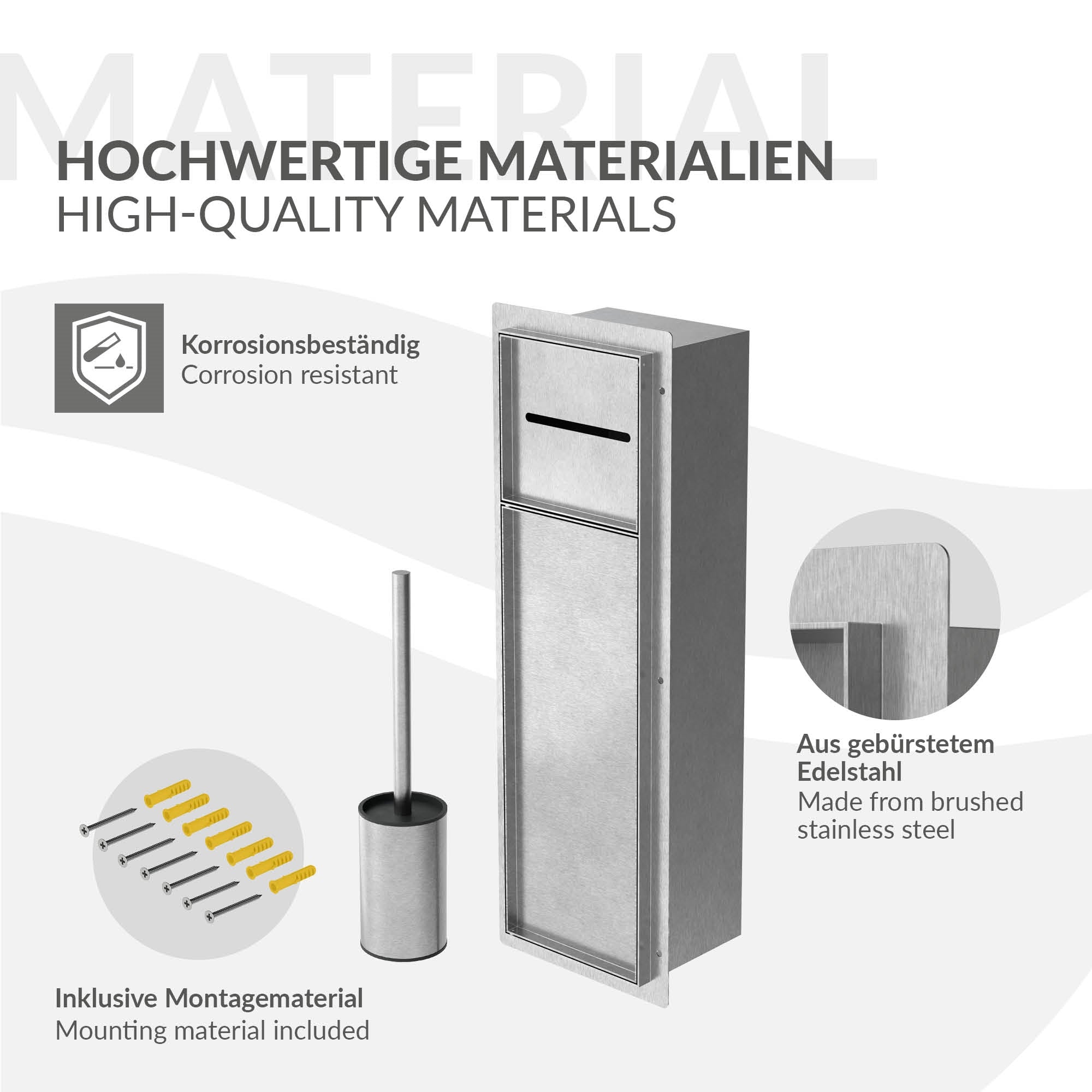 Edelstahlbehälter mit Montagezubehör und Hygienedetails.